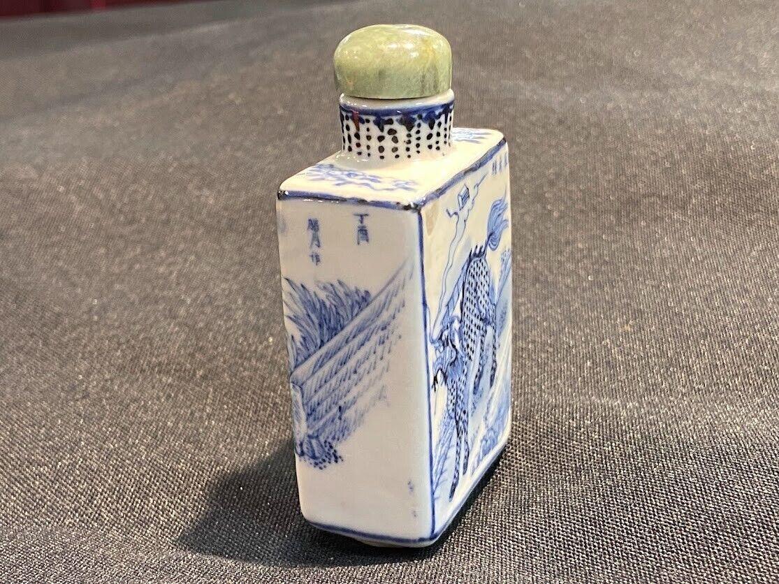 Glazed Qing, Chinese Antique Blue and White Kirin Tiger Painting Porcelain Snuff Bottle For Sale