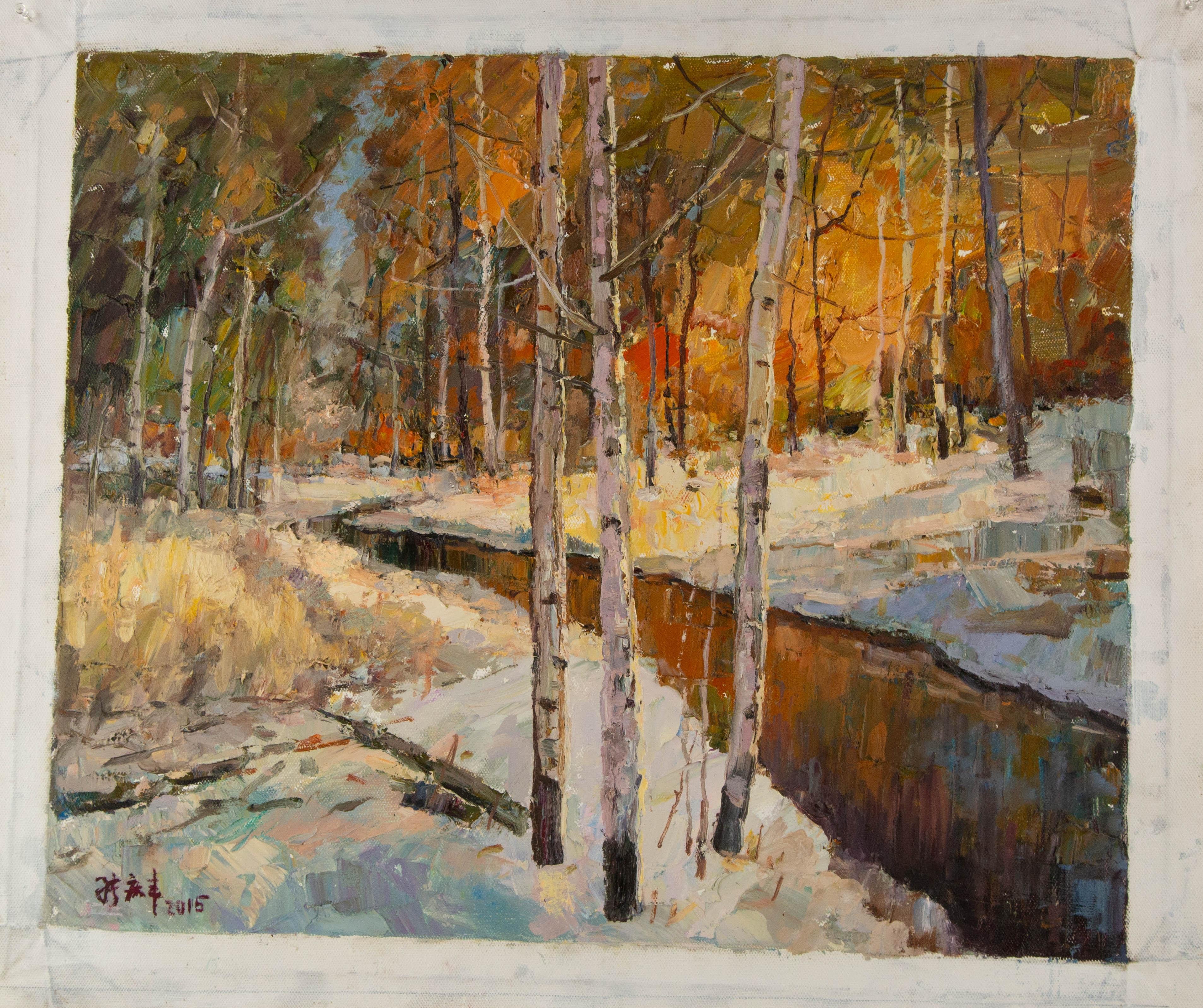Huile impressionniste originale sur toile « Norvège printemps II » de Qingfeng Zhang en vente 6