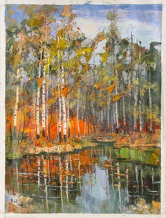 Qingfeng Zhang Landscape Original Oil On Canvas "Birch Love Song" (Paysage original à l'huile sur toile)