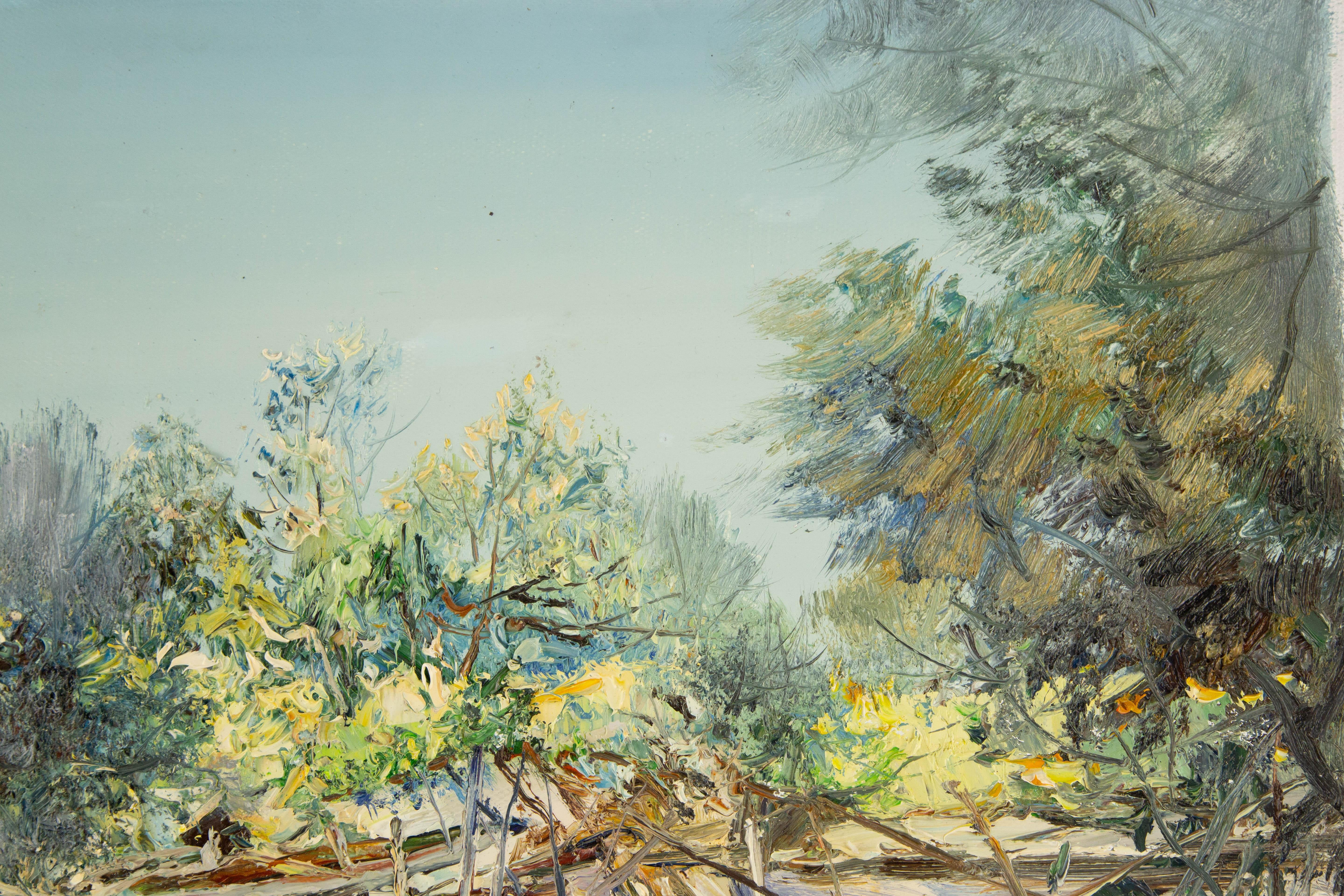  Title: House Within Sunshine
 Medium: Oil on canvas
 Size: 19 x 19 inches
 Frame: Framing options available!
 Condition: The painting appears to be in excellent condition.
 Note: This painting is unstretched
 Year: 2013
 Artist: Qingliang Wang
