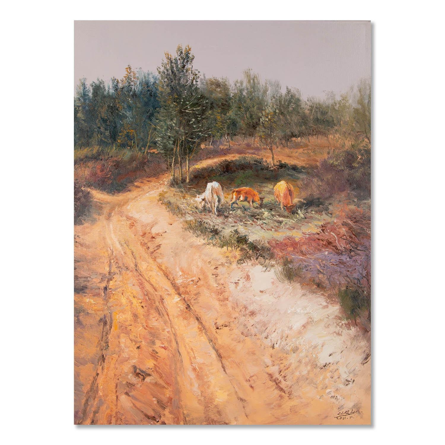 Impressionistisches Original-Ölgemälde „Path To The School“ von Qingliang Wang