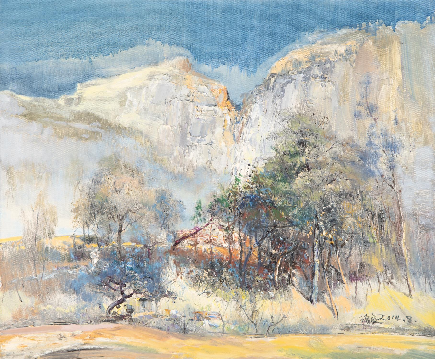 QingLiang Wang Landschaft, Original-Ölgemälde „Wuji-Gebirge“