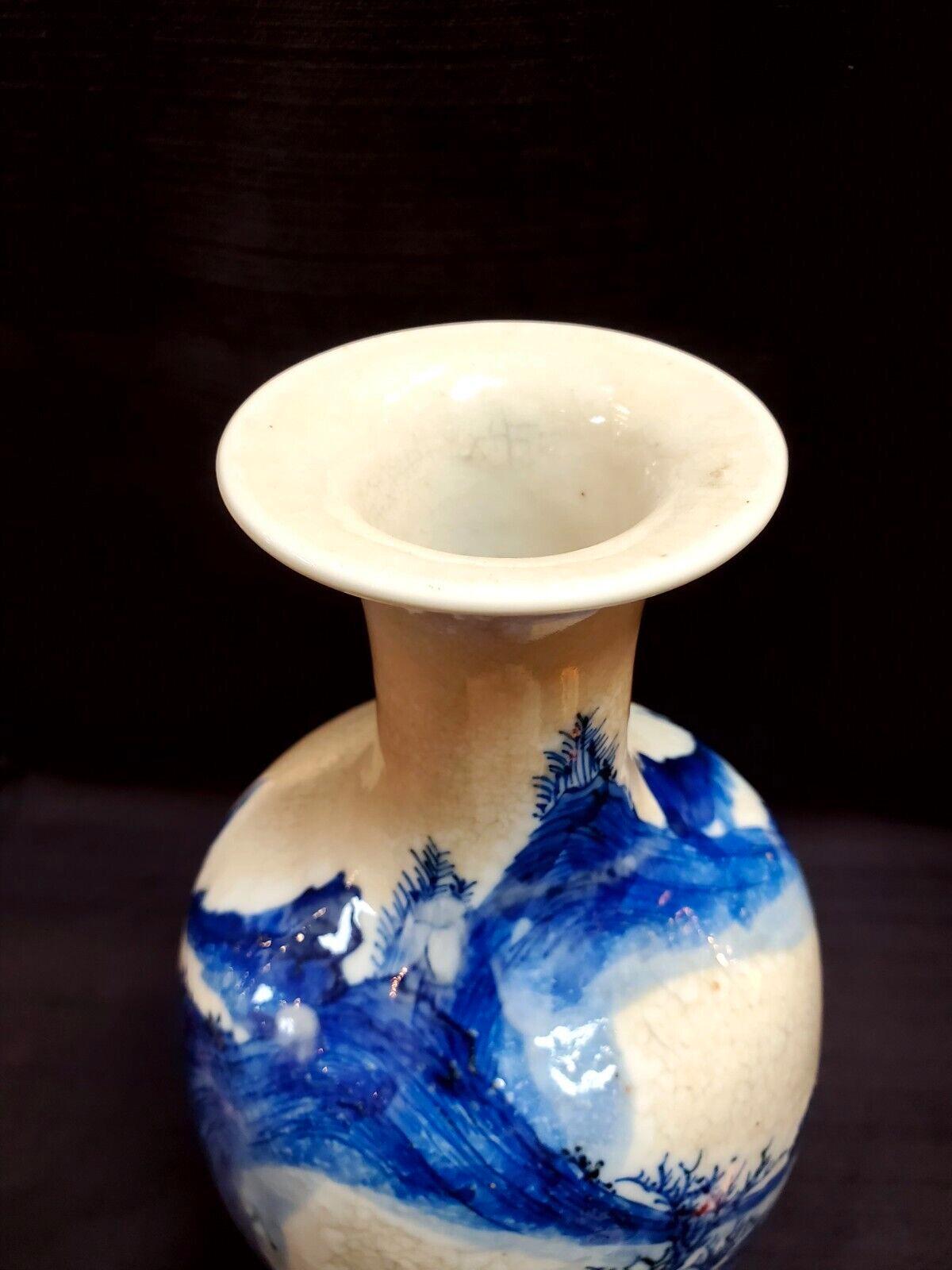 Qing, Chinese antique mid-period Ge Glazed blue and white landscape painting porcelain vase/ ??????????? (??)
Condition: Shows normal signs of wear and use, No damage or crack. 
Approximate size: H:30cm, W:4.5 inch. Please refer to the size in the