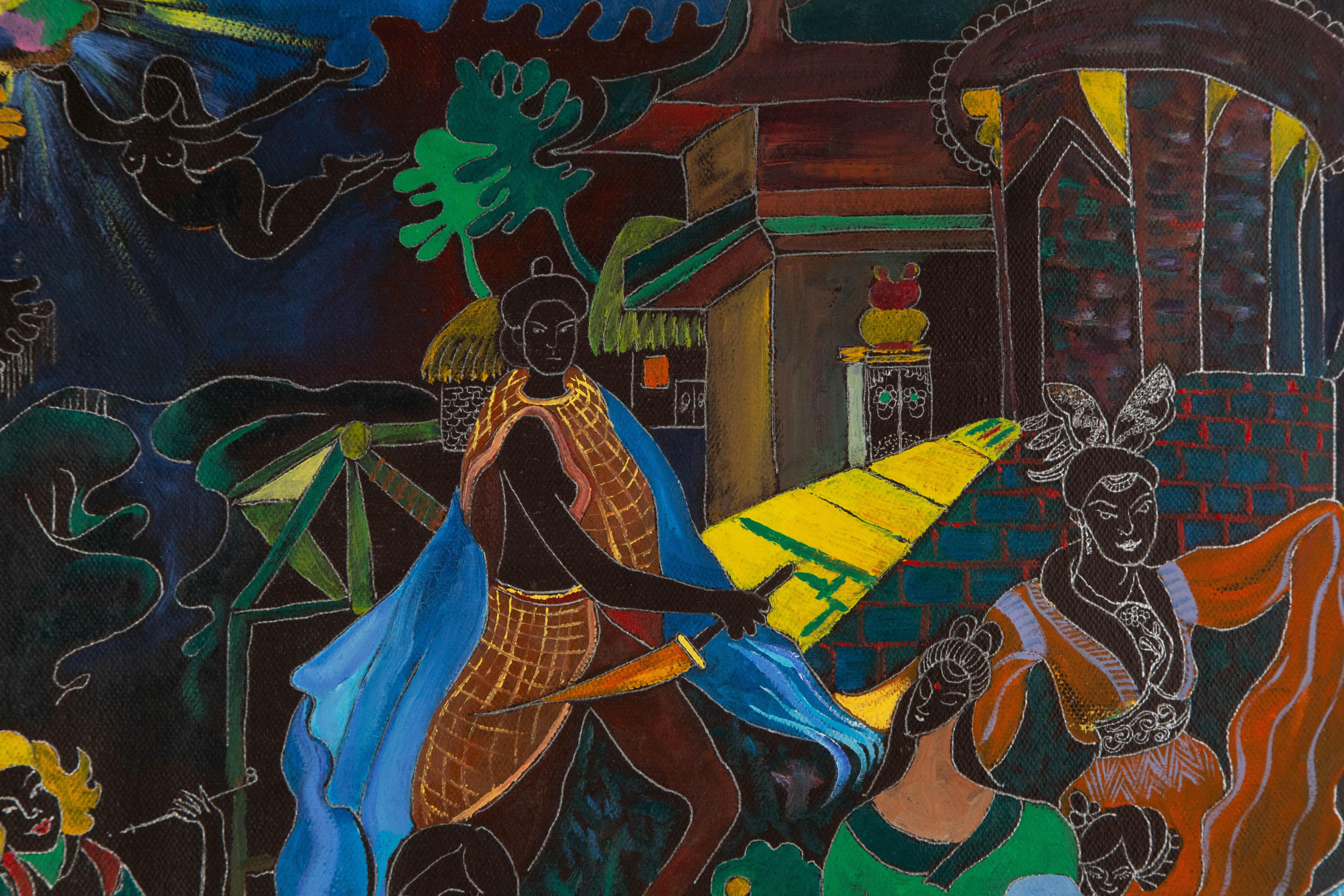 Qiqi Jia Porträt Original Mixed Media „Women Salon“ von Qiqi im Angebot 1