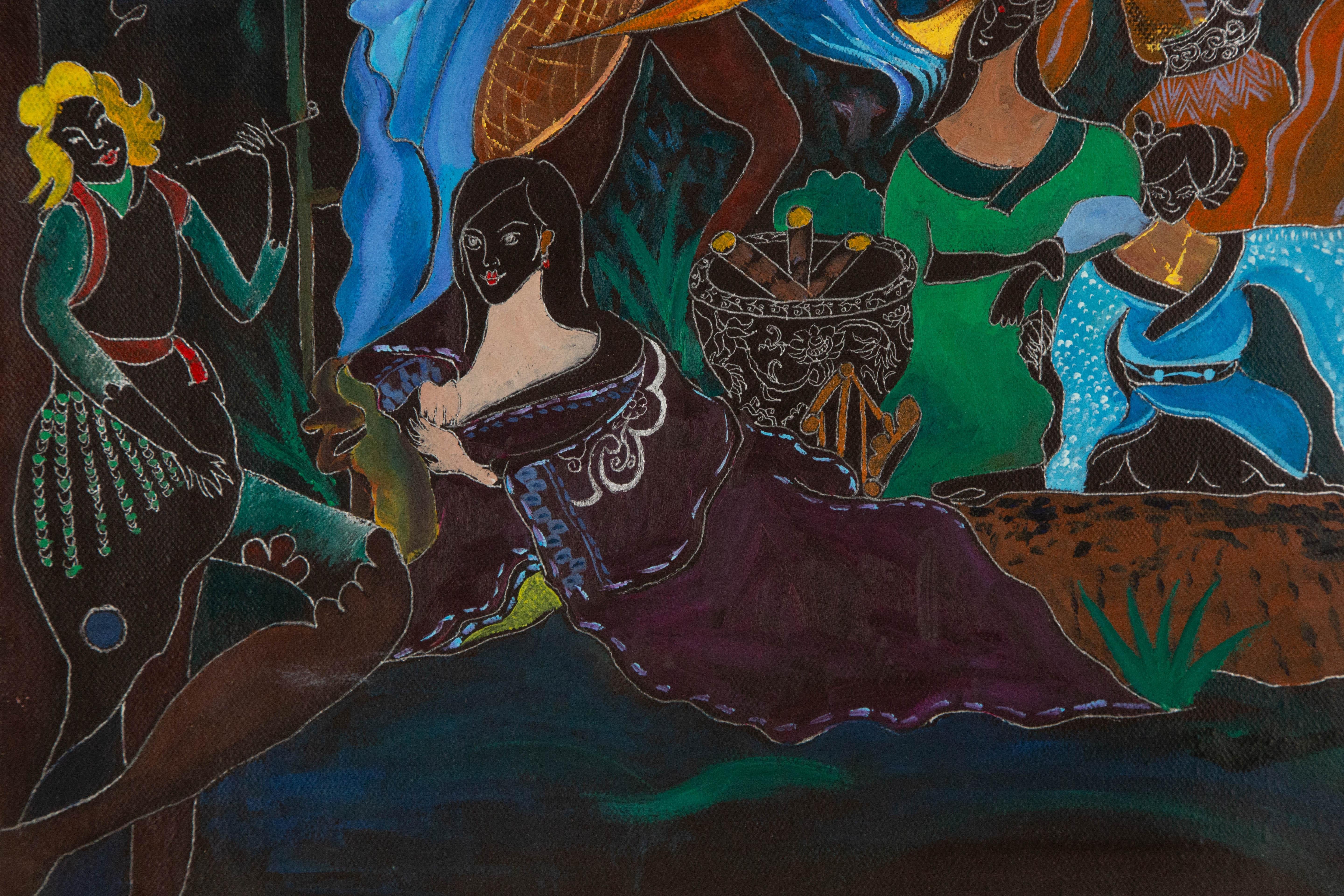 Qiqi Jia Porträt Original Mixed Media „Women Salon“ von Qiqi im Angebot 2