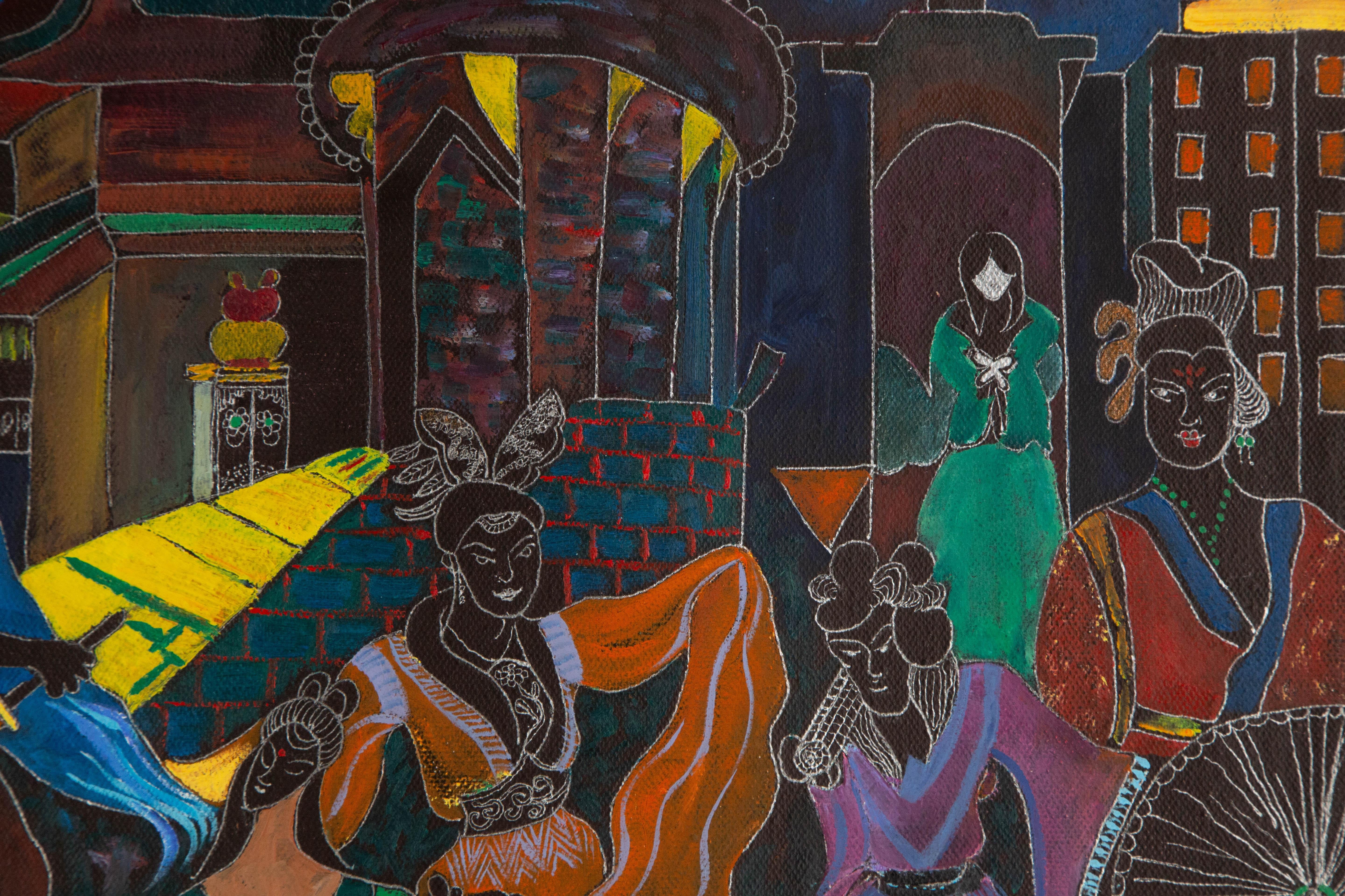 Qiqi Jia Porträt Original Mixed Media „Women Salon“ von Qiqi im Angebot 3