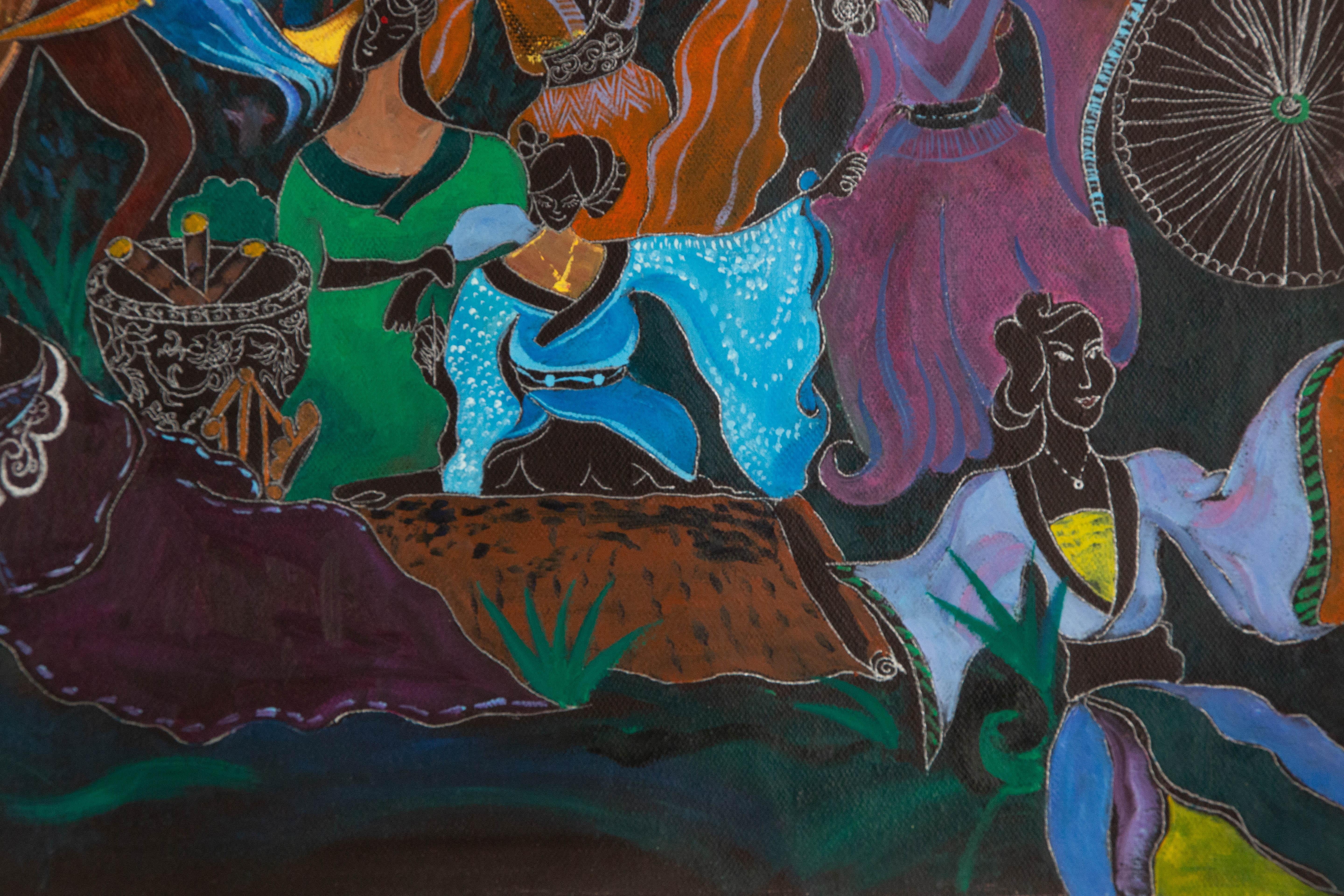 Qiqi Jia Porträt Original Mixed Media „Women Salon“ von Qiqi im Angebot 4