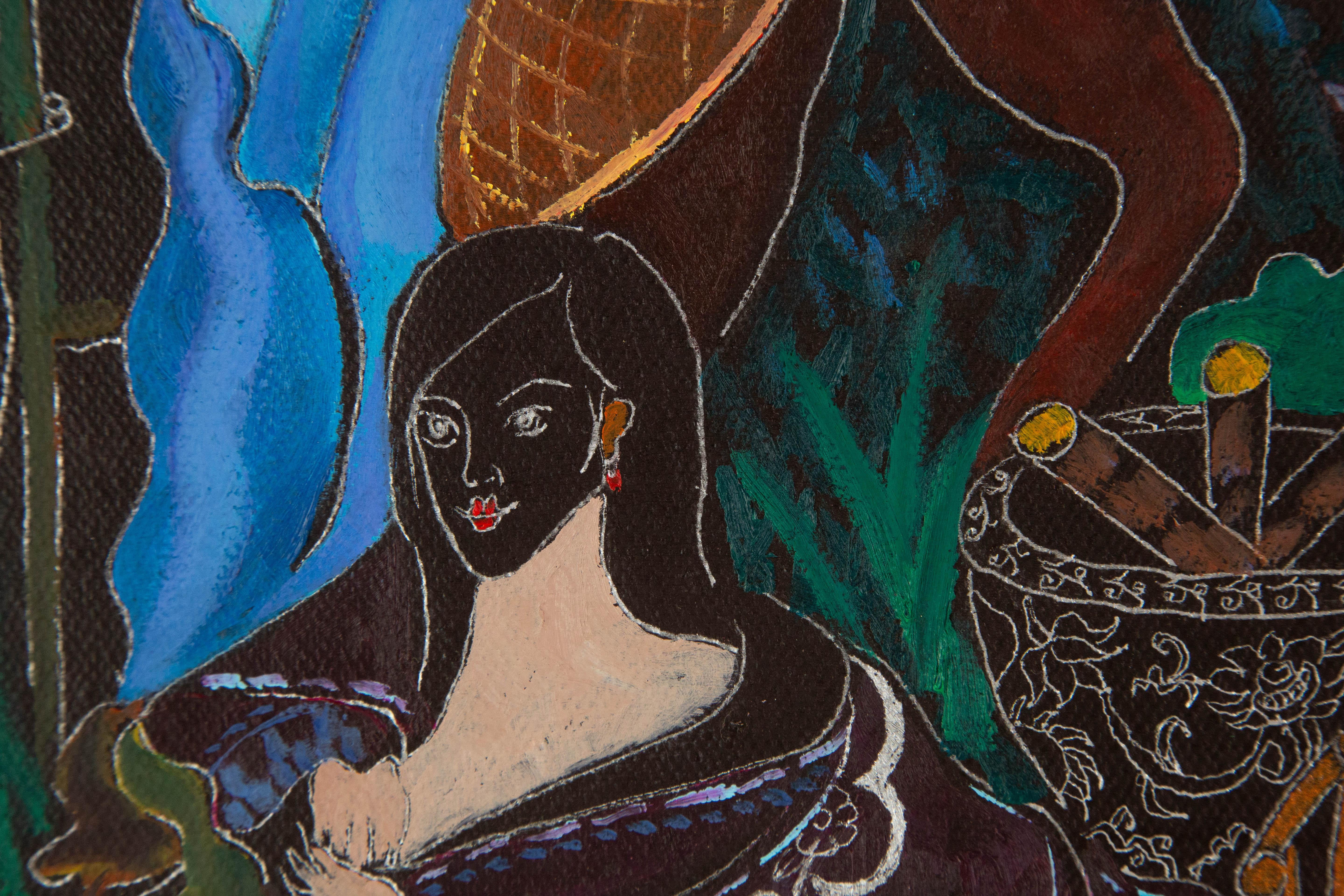 Qiqi Jia Porträt Original Mixed Media „Women Salon“ von Qiqi im Angebot 6