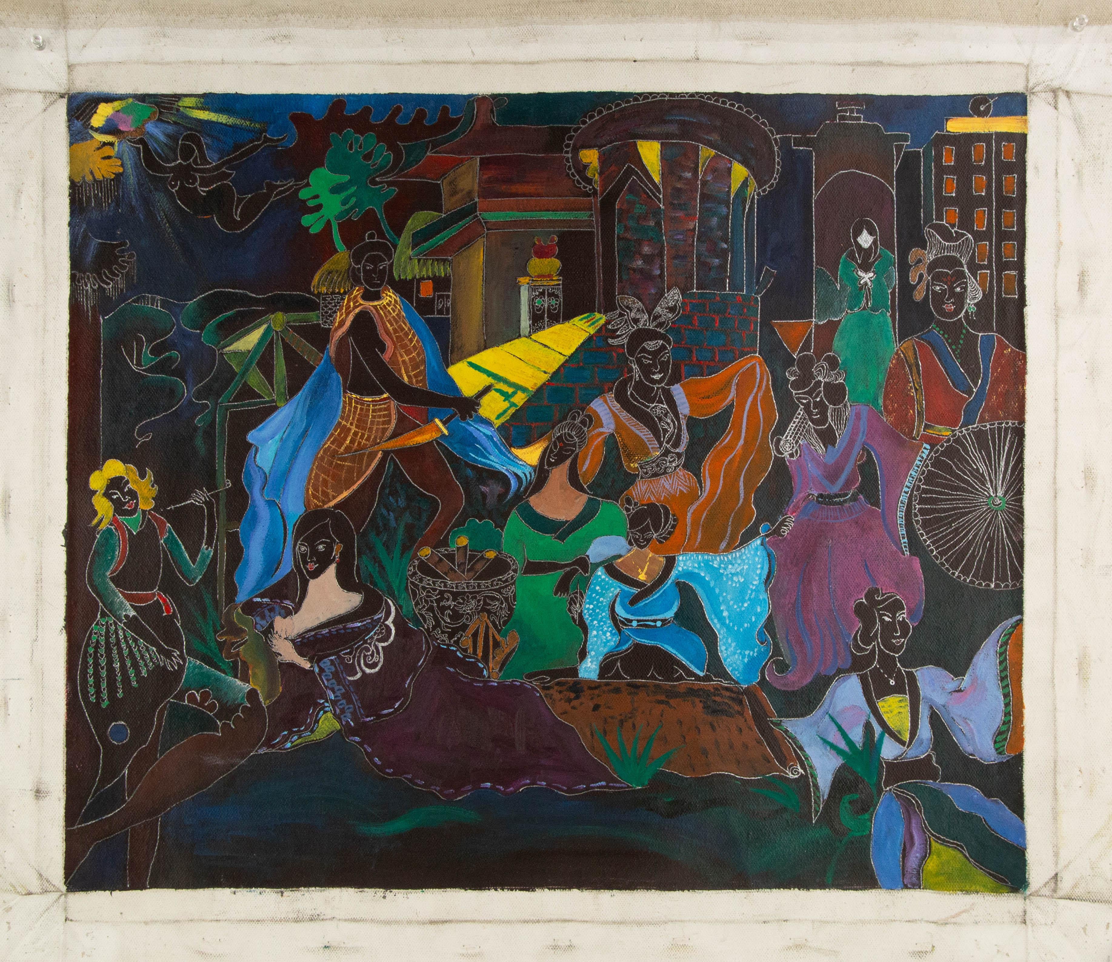 Qiqi Jia Porträt Original Mixed Media „Women Salon“ von Qiqi im Angebot 7