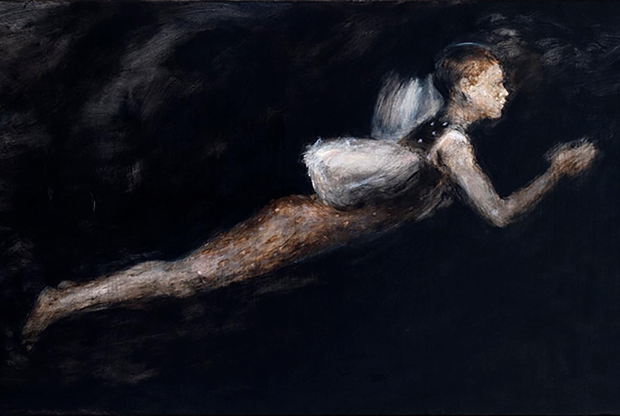 Flying angel in a dark sky, oil on canvas

