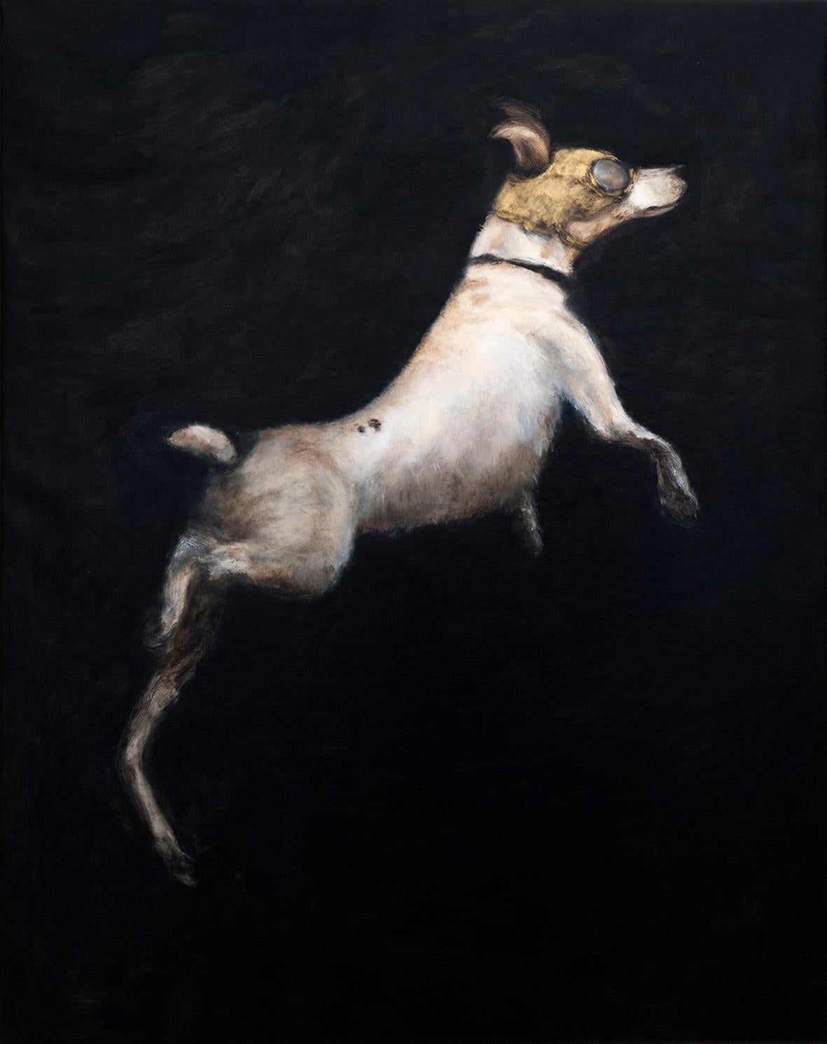 QK (Cuca) Figurative Painting - Inicio El Vuelo - 21st Cent, Contemporary, Figurative Oil Painting, Dog, Animal
