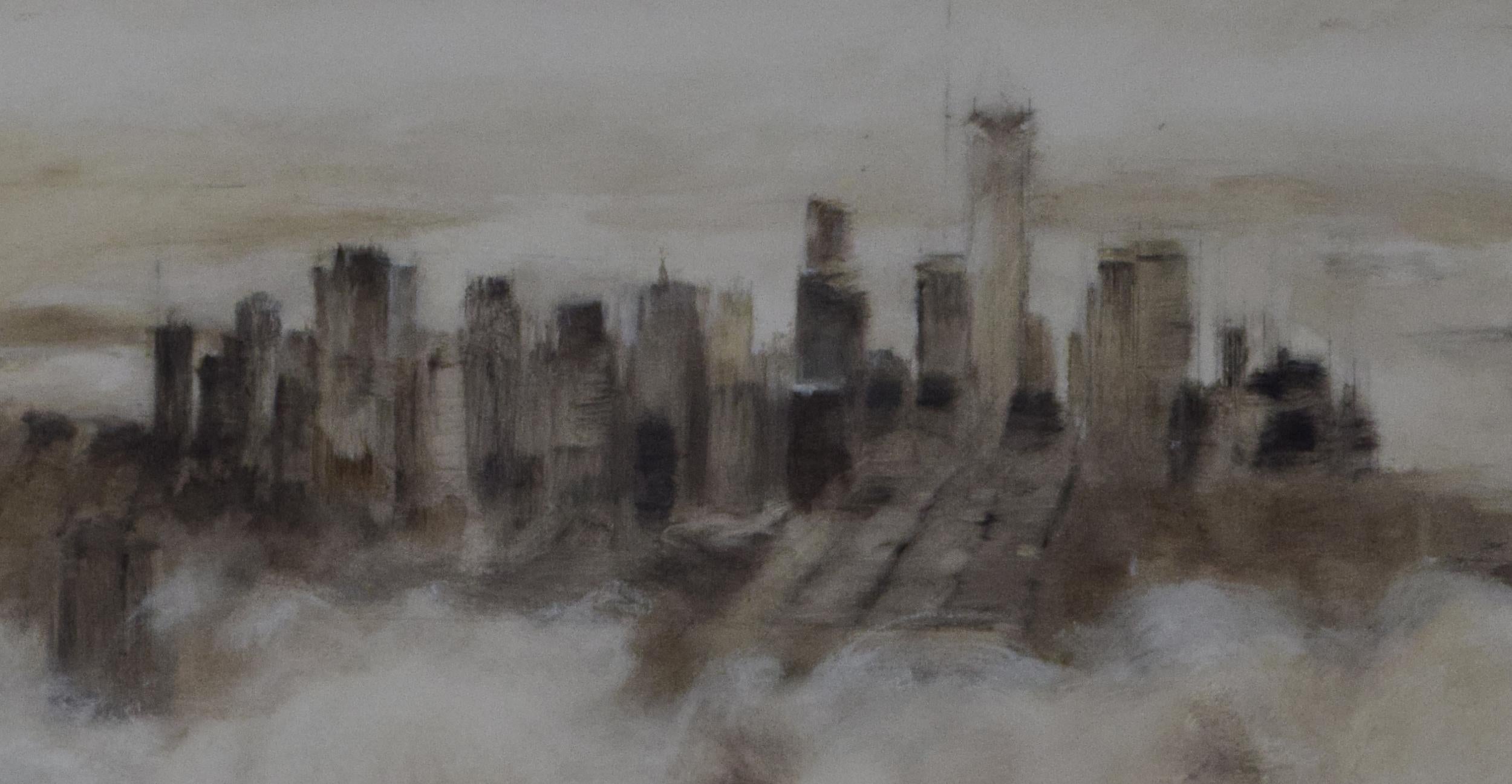 Niebla Sobre Manhattan - 21st Century, Contemporary Art, Figurative Oil Painting - Gray Figurative Painting by QK (Cuca)