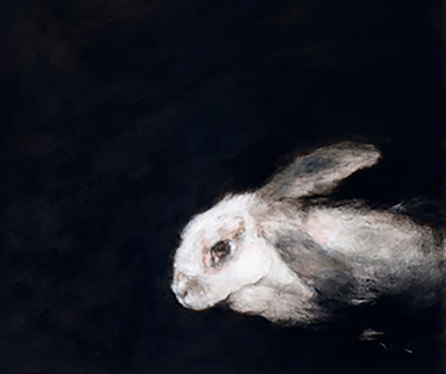 Primer Viaje - 21st Cent, Contemporary, Figurative Oil Painting, Rabbits, Animal - Black Figurative Painting by QK (Cuca)