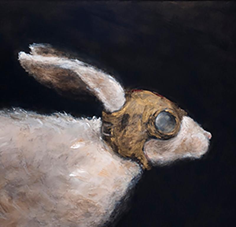 Primer Viaje - 21st Cent, Contemporary, Figurative Oil Painting, Rabbits, Animal 1