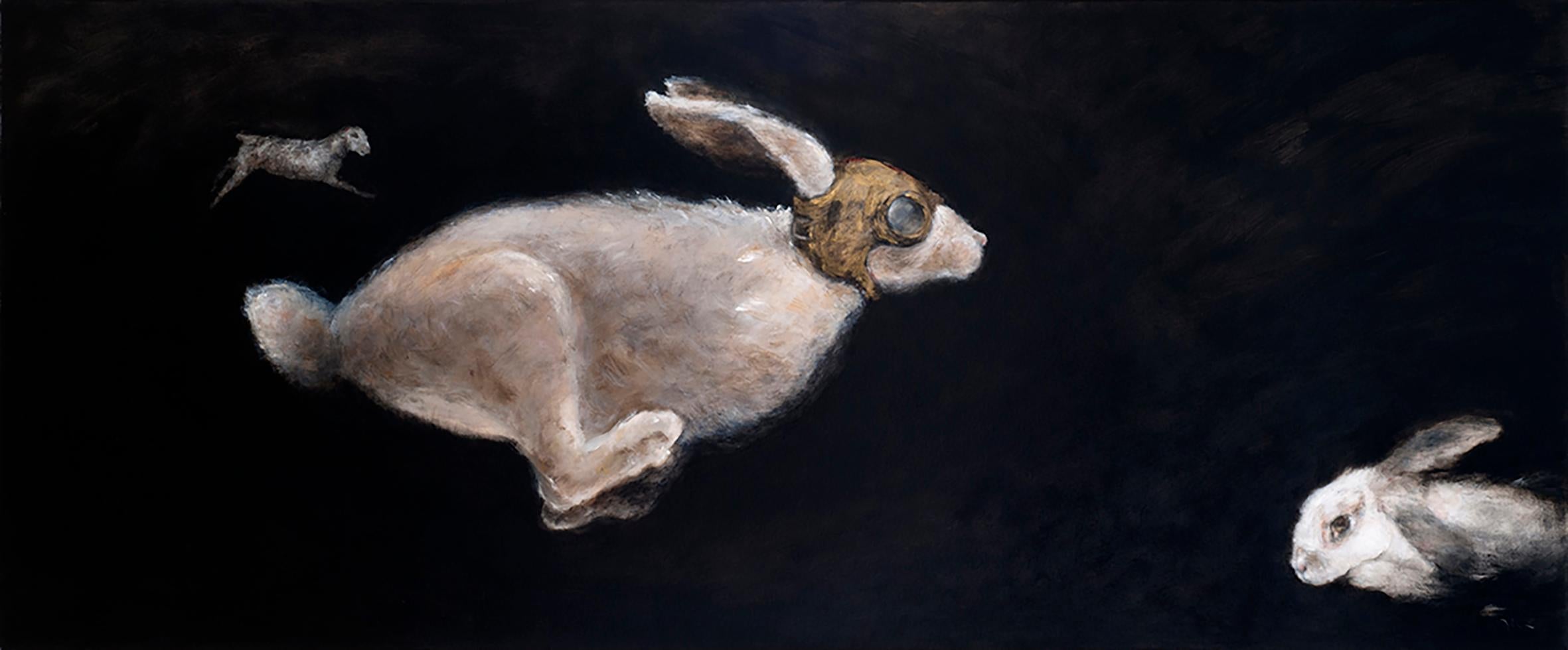 QK (Cuca) Figurative Painting - Primer Viaje - 21st Cent, Contemporary, Figurative Oil Painting, Rabbits, Animal