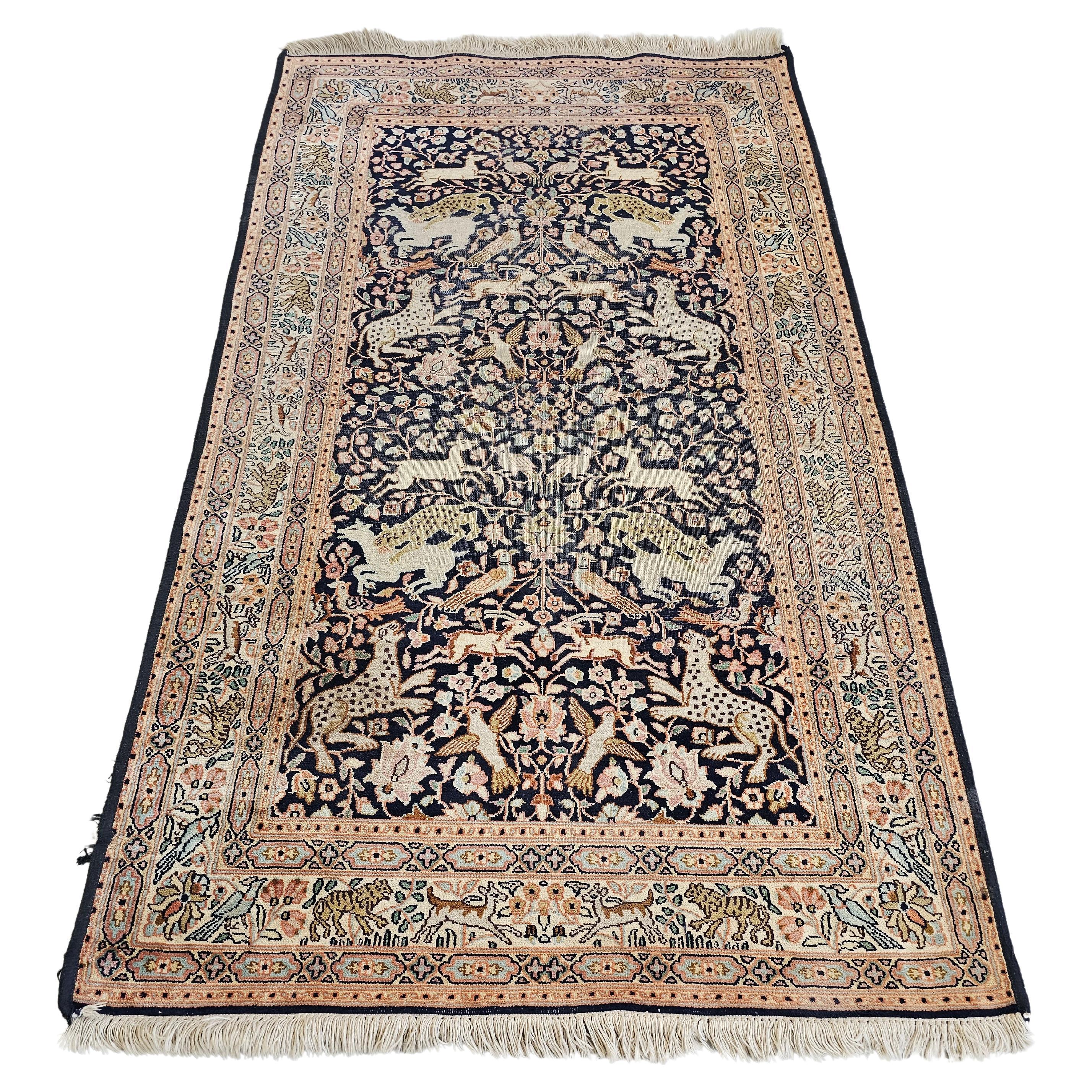 Qom Silk Rug (silk on cotton) depicting the Hunting Scene, Iran 1930s