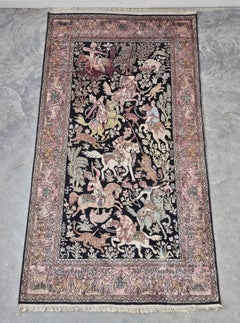 Qom Silk Rug (silk on cotton) depicting the Hunting Scene // Kashmir 1950s