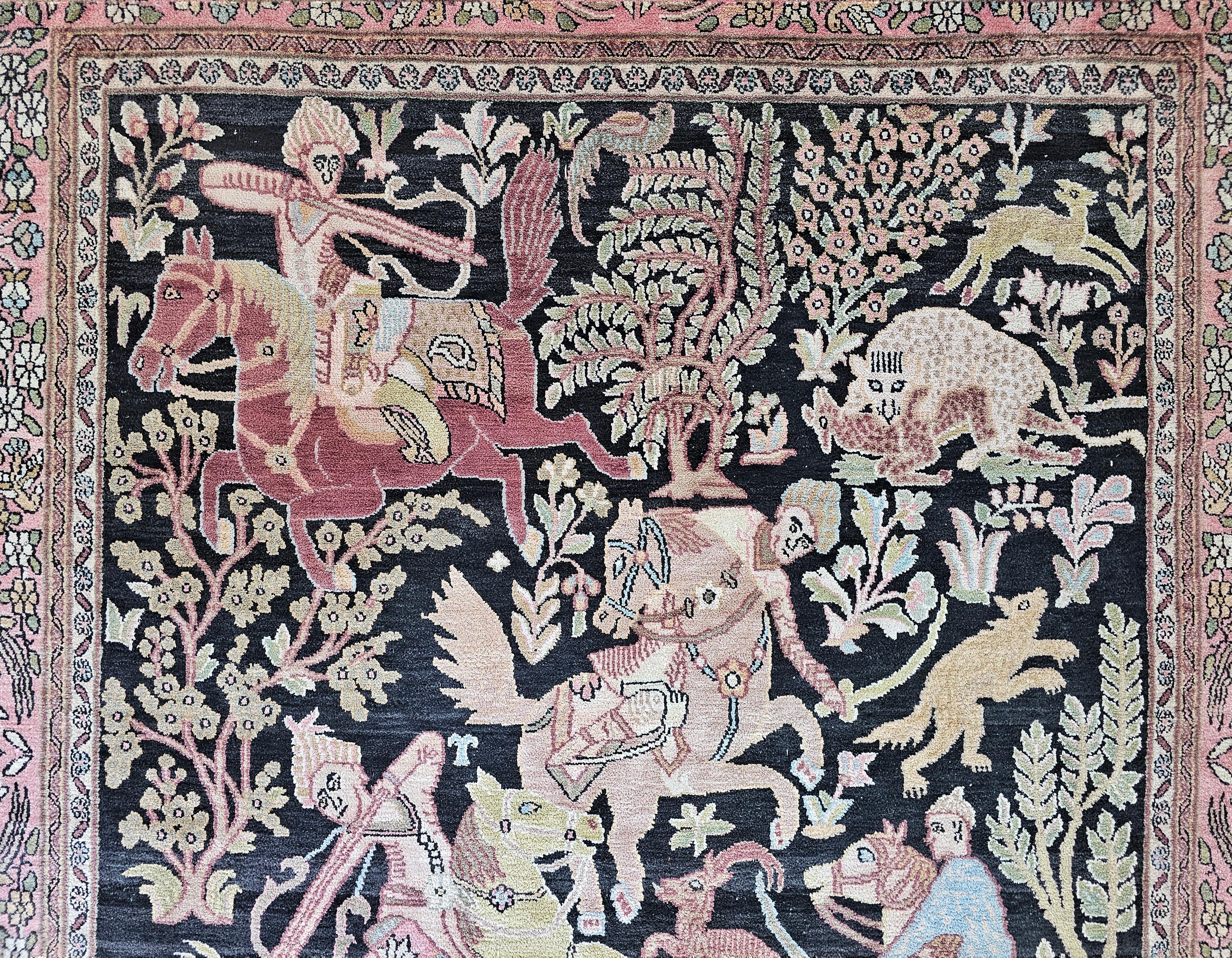 Coton Tapis de soie Qom (soie sur coton) représentant une scène de chasse // Cachemire années 1950 en vente