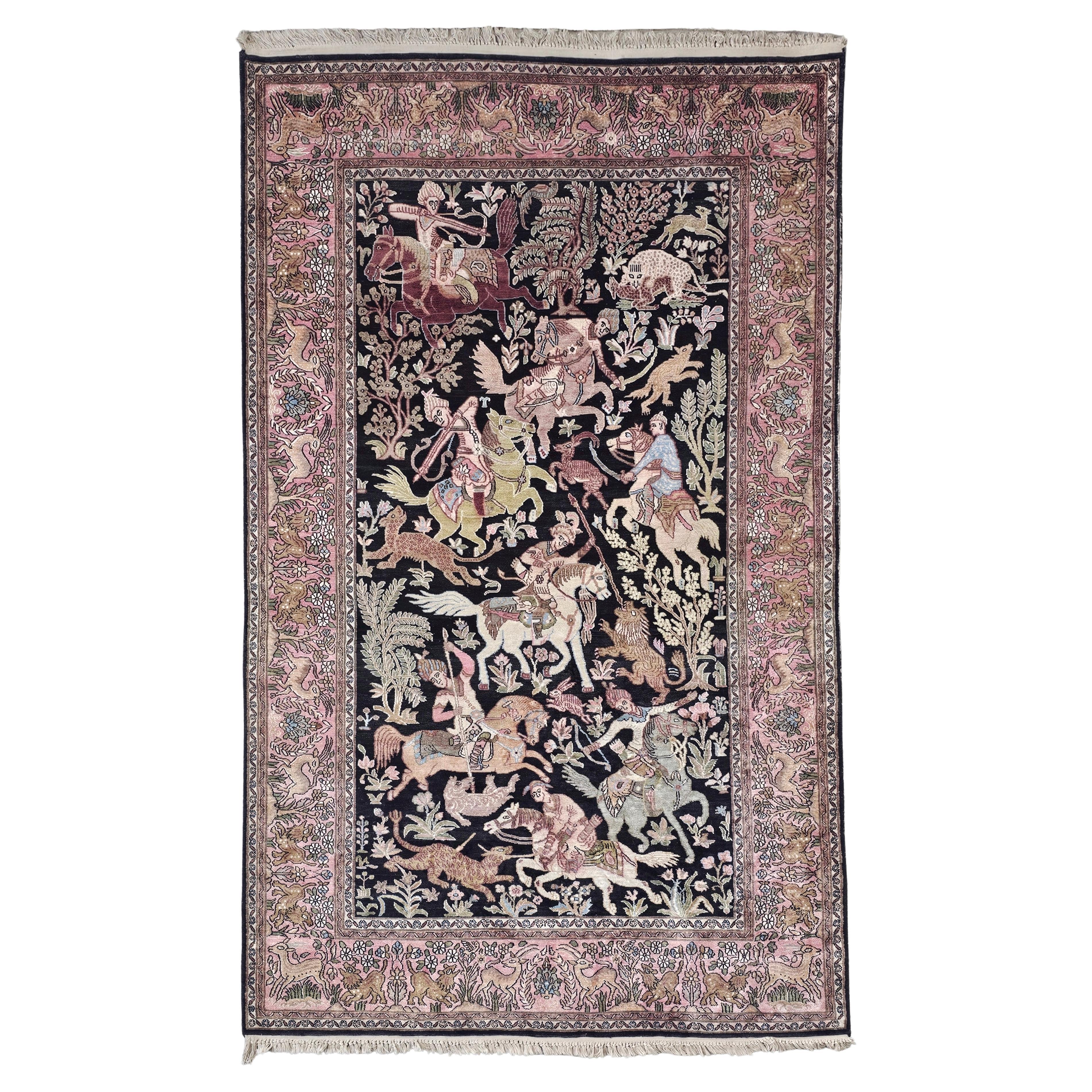 Qom Silk Rug (silk on cotton) depicting the Hunting Scene // Kashmir 1950s