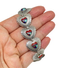 QT STERLING plata marcada corazón piedra preciosa coral turquesa enlace pulsera de diseño