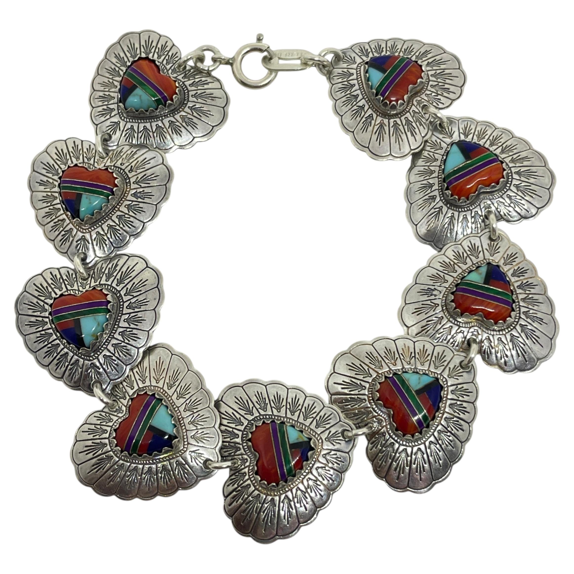 QT STERLING silver marked heart gemstone coral turquoise link designer bracelet For Sale