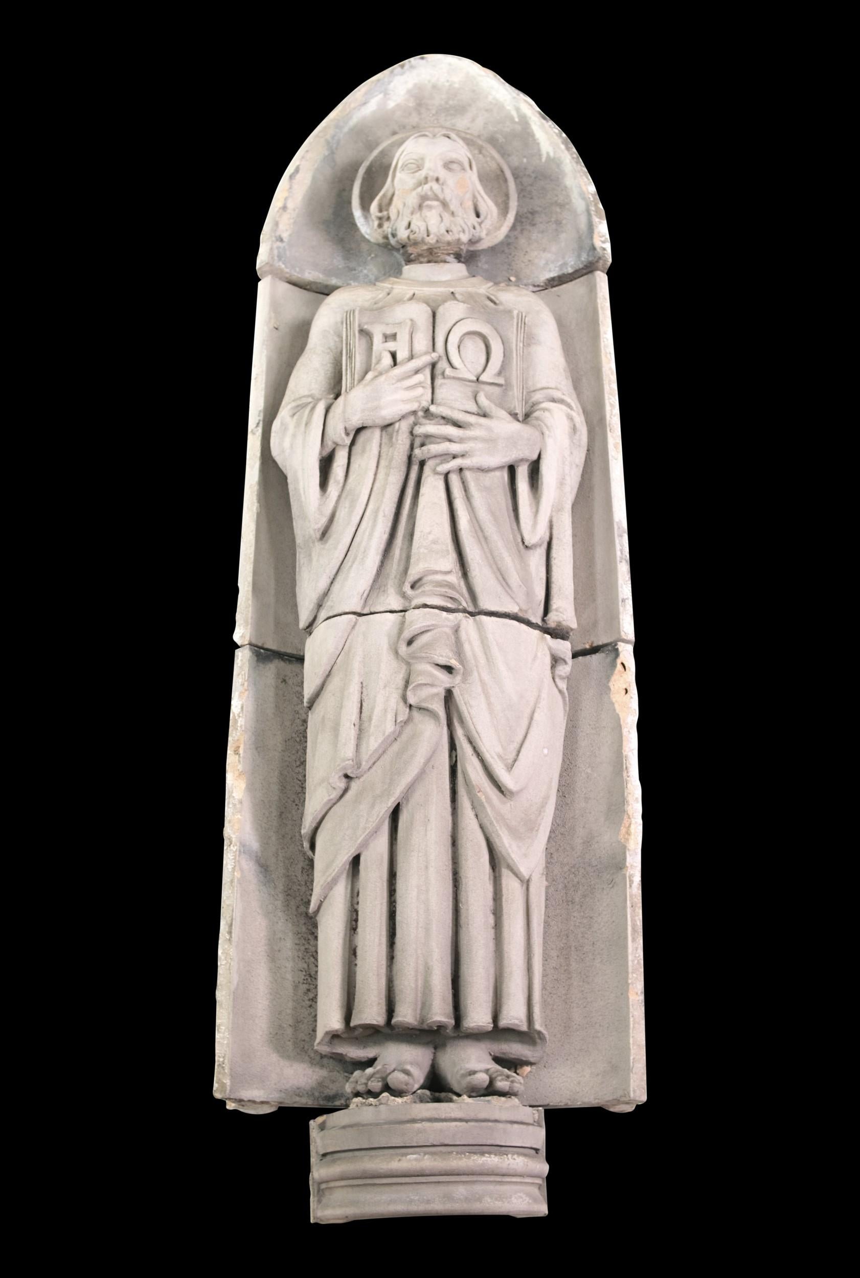 This Art Deco terracotta statue of Christ was reclaimed from the Calvary Baptist Church which was built in 1929 standing at 123 West 57th Street, where Carnegie Hall resides just across the street. The statue is original to when the church was built