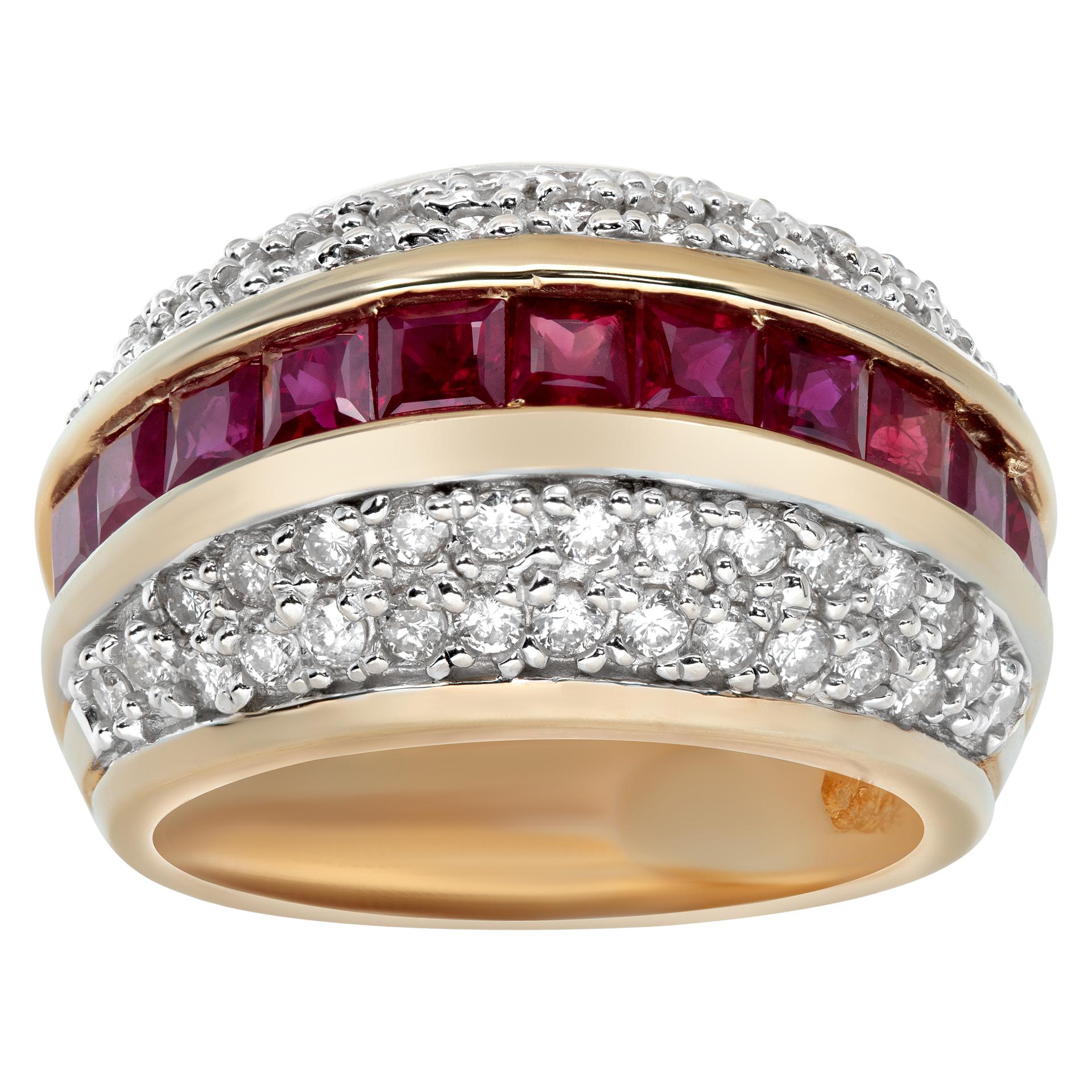 Cuad-row diamond ring with channel set rubies in 14k yellow gold. Approx 0.60 cts of diamonds and 1.20 cts of rubies. Size 5.75.This Diamond/Ruby ring is currently size 5.75 and some items can be sized up or down, please ask! It weighs 7.4