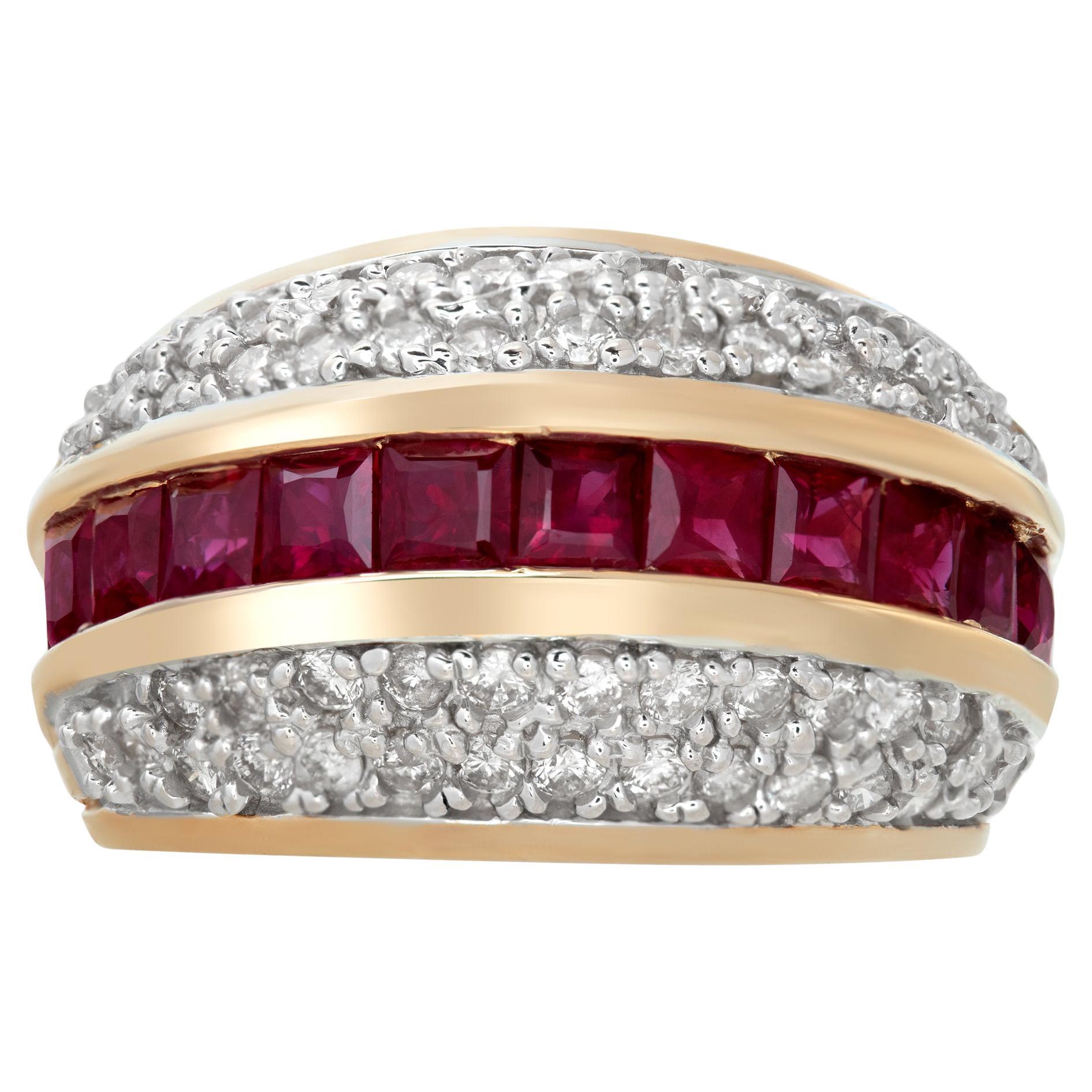 Quad-row diamond ring with channel set rubies in yellow gold For Sale