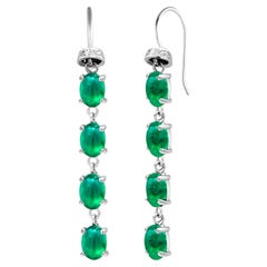 Quad Tiered Cabochon Emerald and Diamond White Gold Hoop Drop Earrings