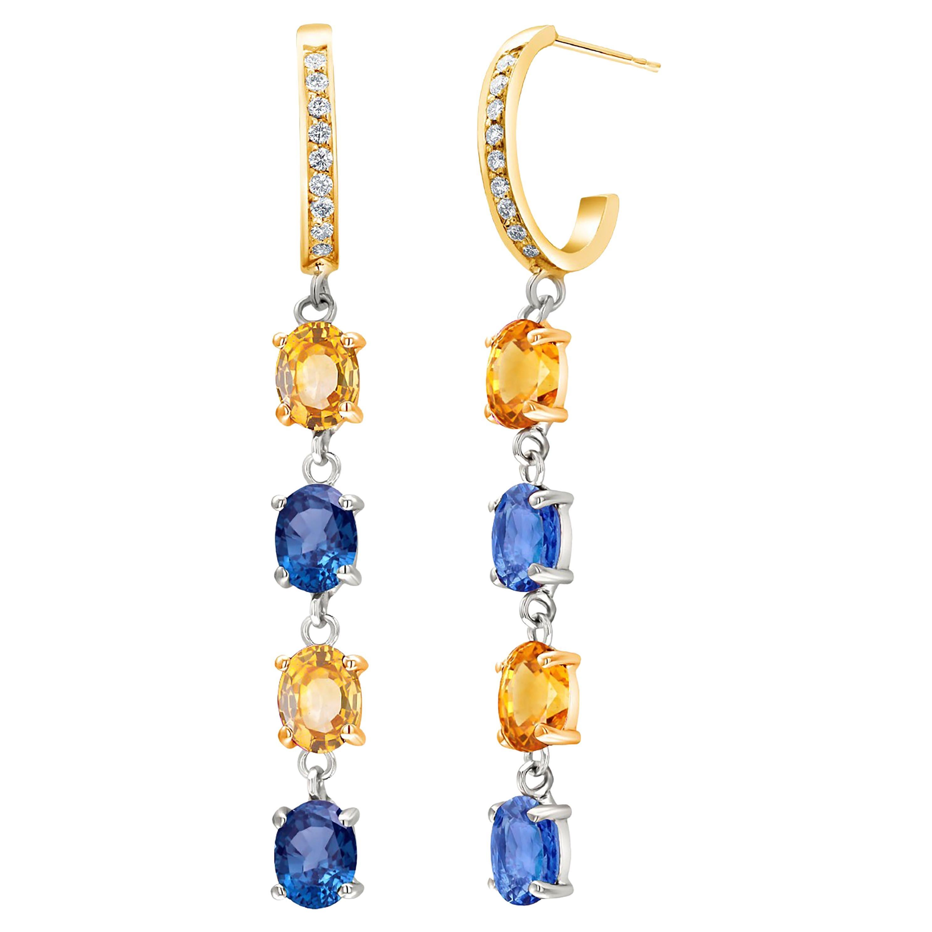 Quad Tiered Ceylon Blue and Yellow Sapphire Diamond Gold Hoop Drop Earrings