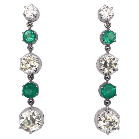 Quad Tiered Emerald Old Cut Diamond 18K White Gold Drop Statement Earrings