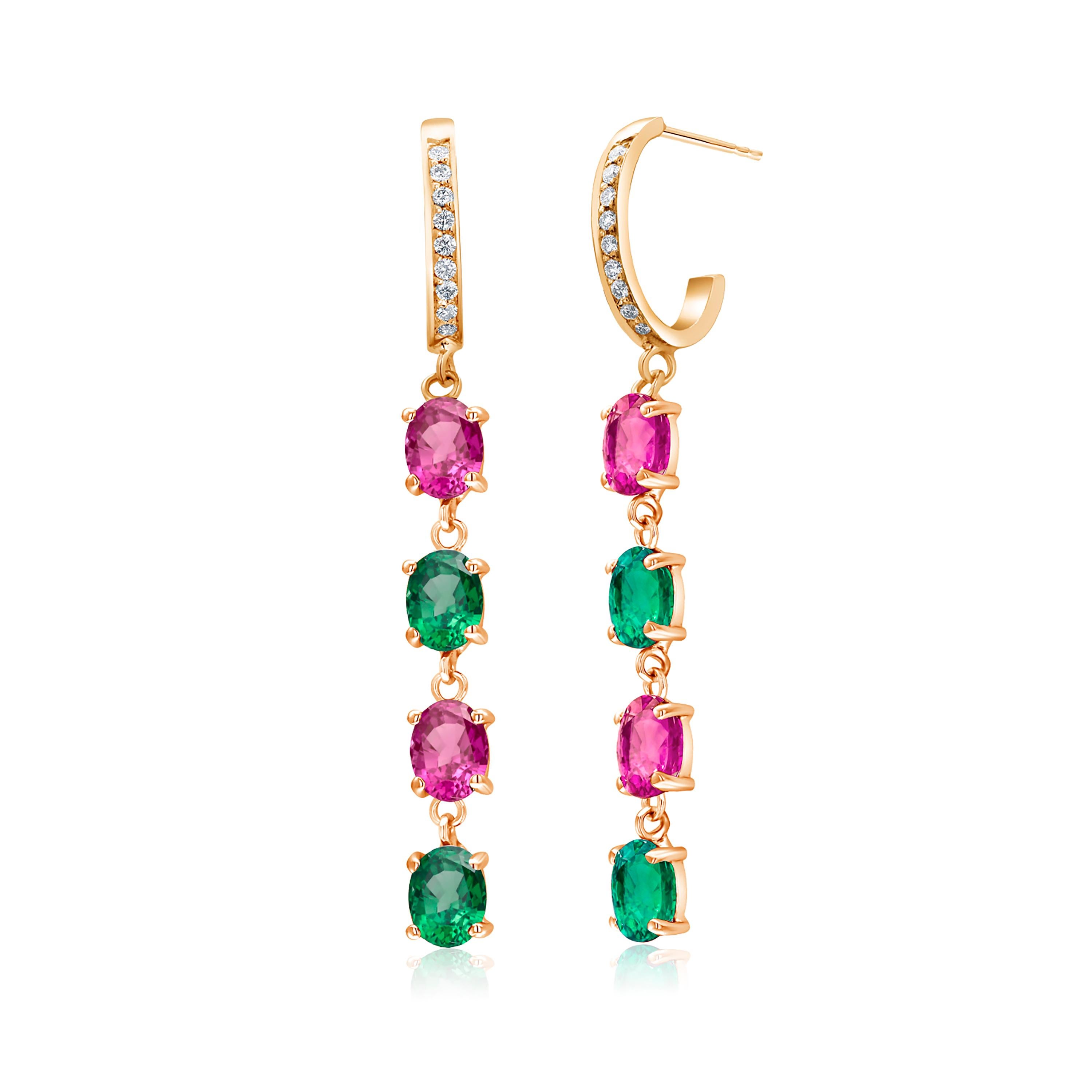 Quad Tiered Emerald Pink Sapphire Diamond Yellow Gold Hoop Drop Earrings In New Condition In New York, NY