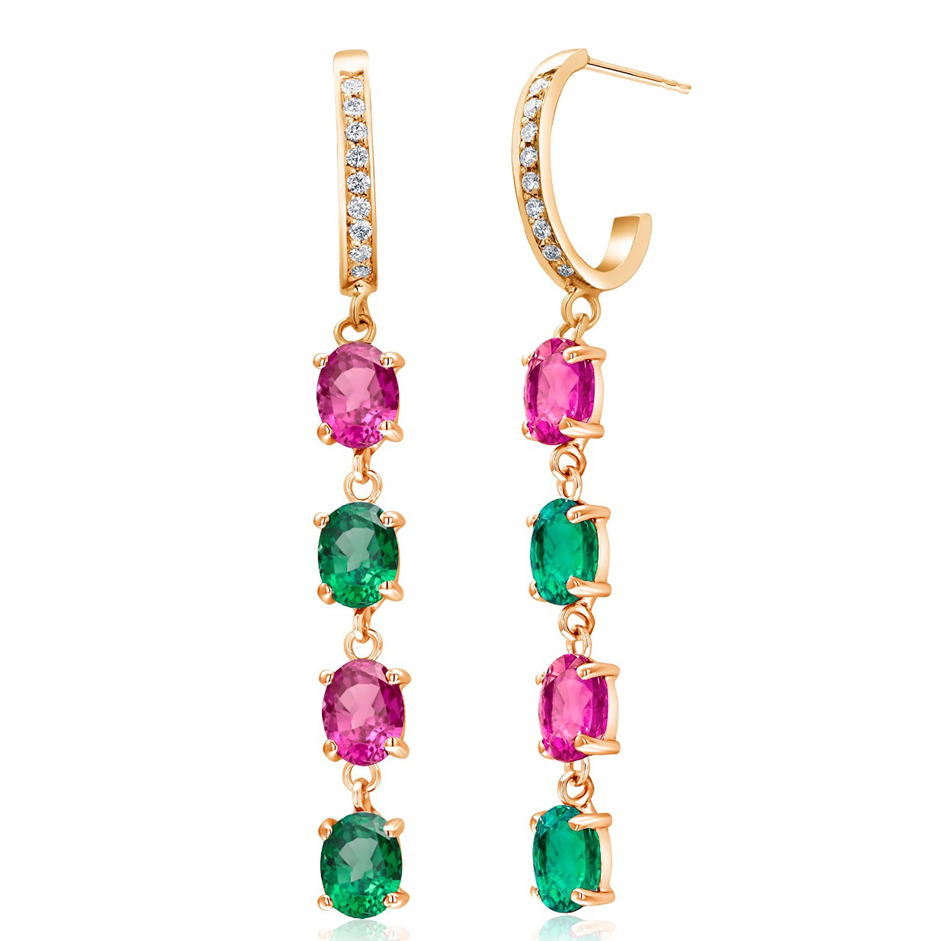 Quad Tiered Emerald Pink Sapphire Diamond Yellow Gold Hoop Drop Earrings 1