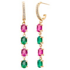 Quad Tiered Emerald Pink Sapphire Diamond Yellow Gold Hoop Drop Earrings
