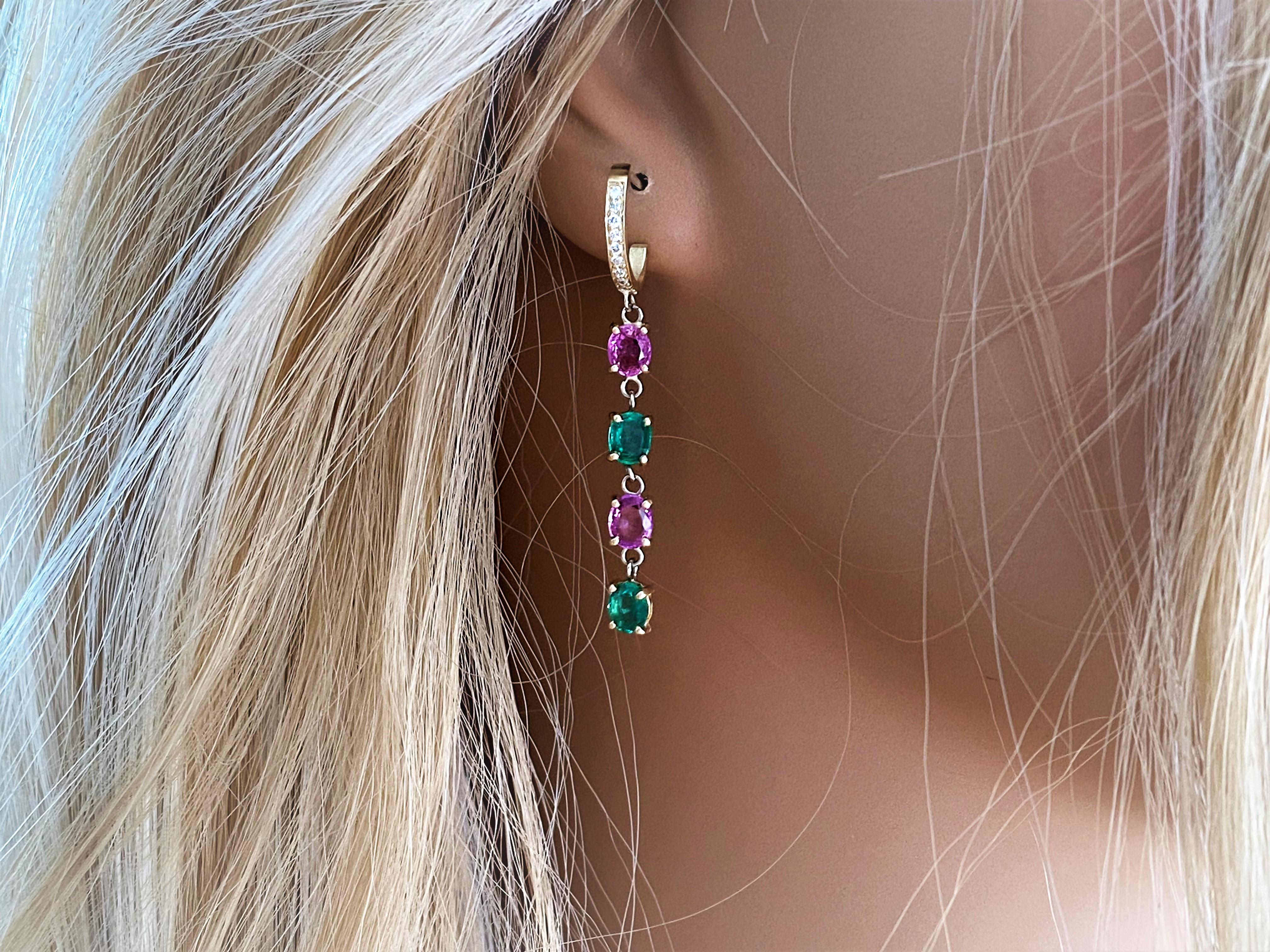 Oval Cut Quad Tiered Emerald Pink Sapphire Diamond Yellow Gold Hoop Drop Earrings