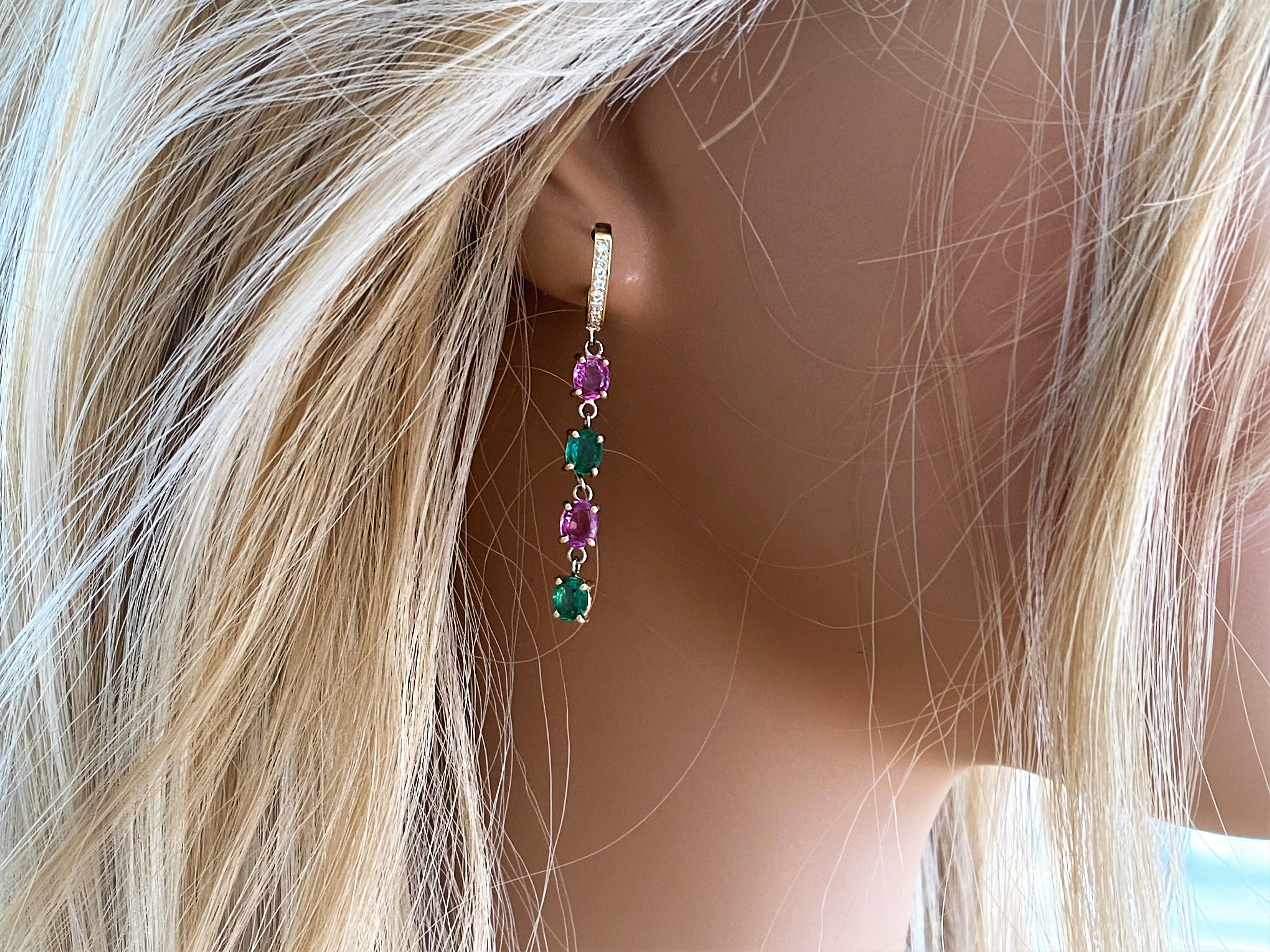 Women's Quad Tiered Emerald Pink Sapphire Diamond Yellow Gold Hoop Drop Earrings