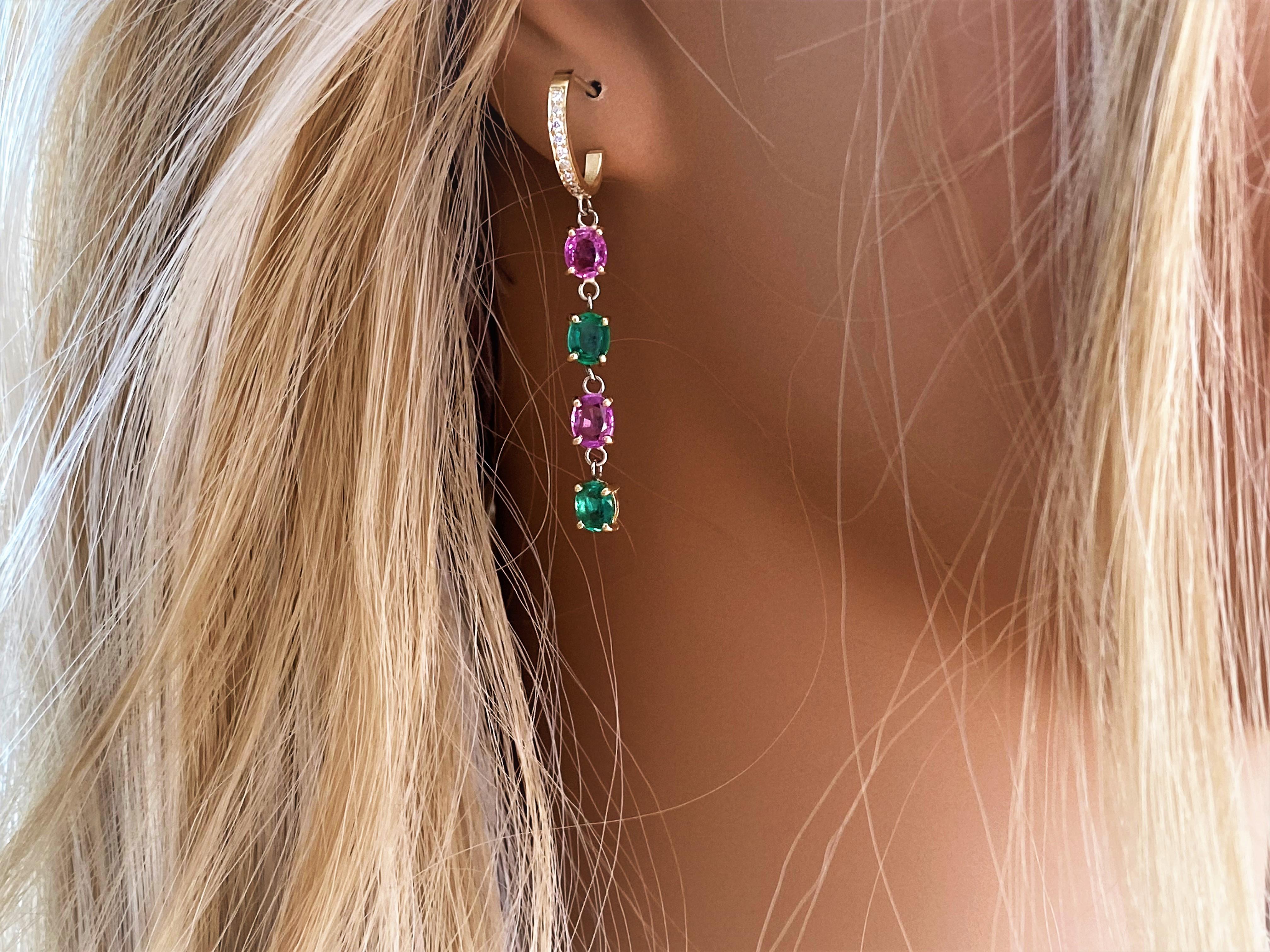 Quad Tiered Emerald Pink Sapphire Diamond Yellow Gold Hoop Drop Earrings 2