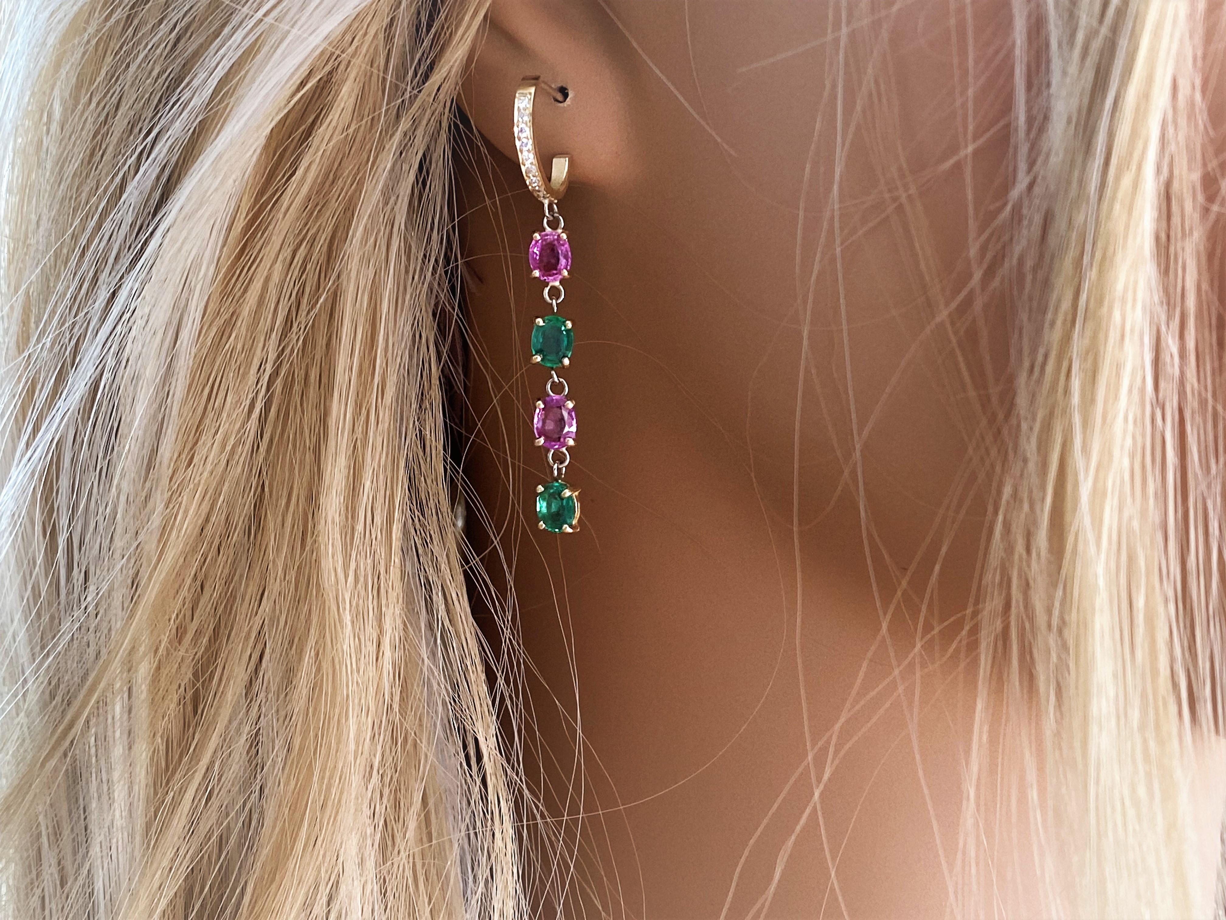 Quad Tiered Emerald Pink Sapphire Diamond Yellow Gold Hoop Drop Earrings 4