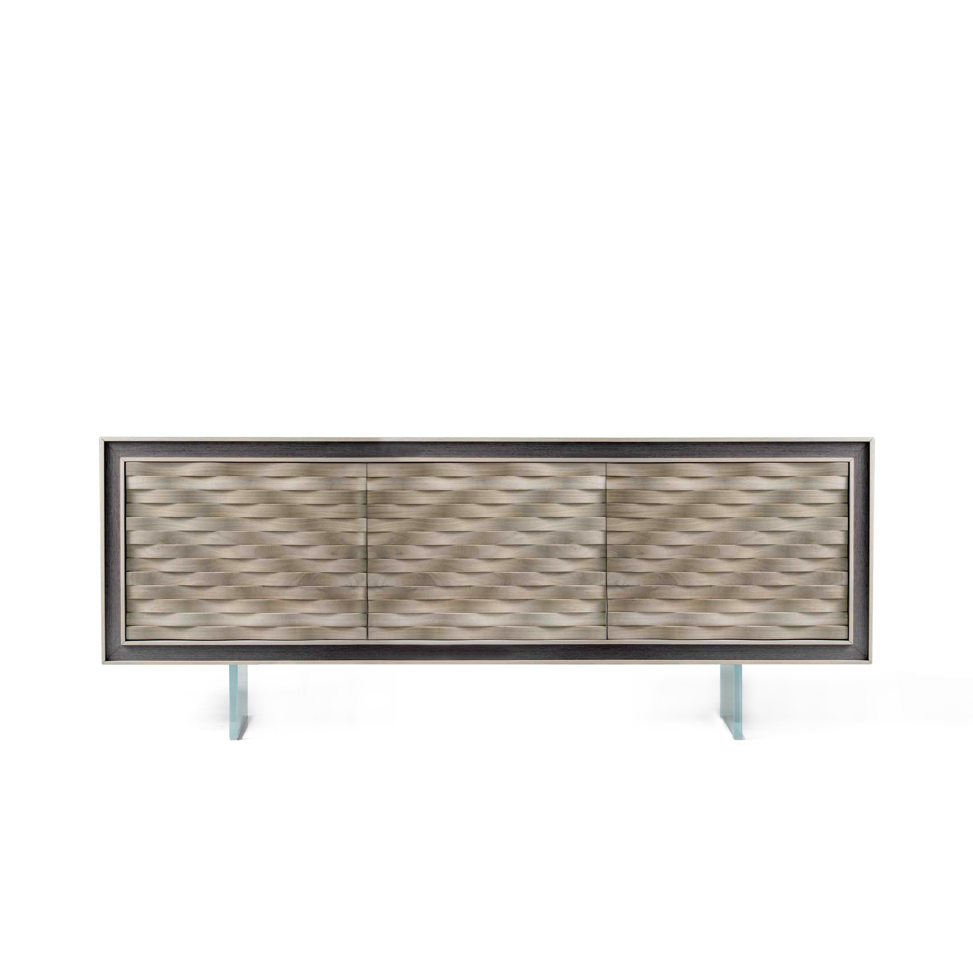 Quadra Nastro Solid Wood Sideboard, Walnut in Natural Grey Finish, Contemporary For Sale 1
