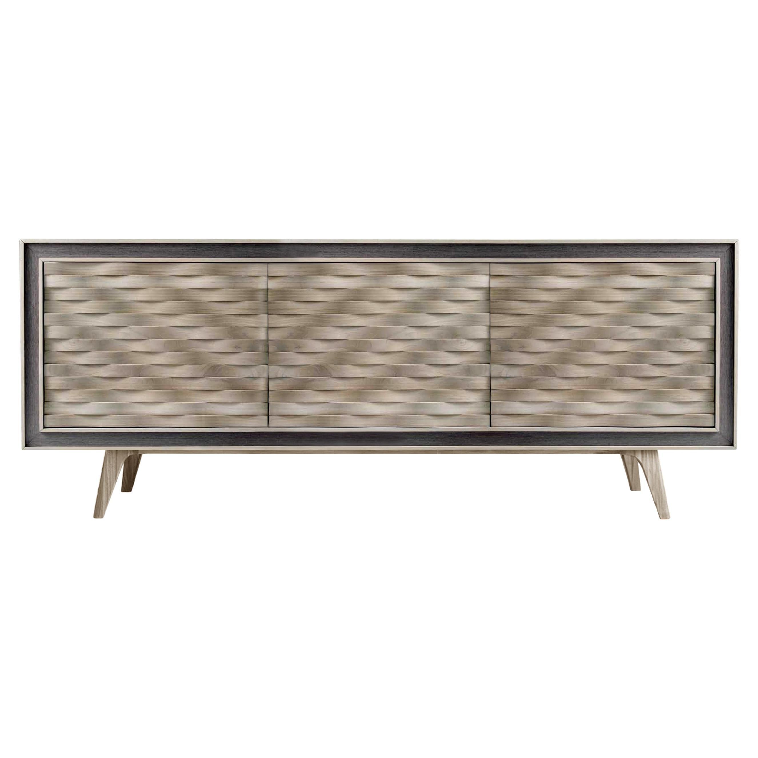 Quadra Nastro Solid Wood Sideboard, Walnut in Natural Grey Finish, Contemporary For Sale