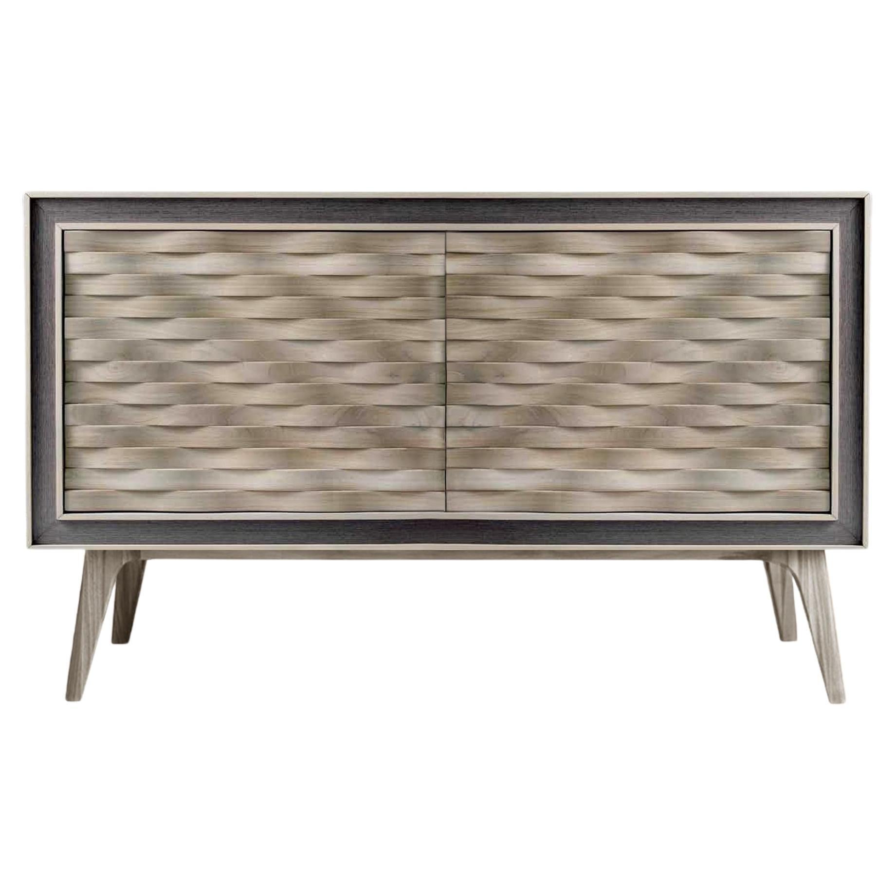 Quadra Nastro Solid Wood Sideboard, Walnut in Natural Grey Finish, Contemporary For Sale