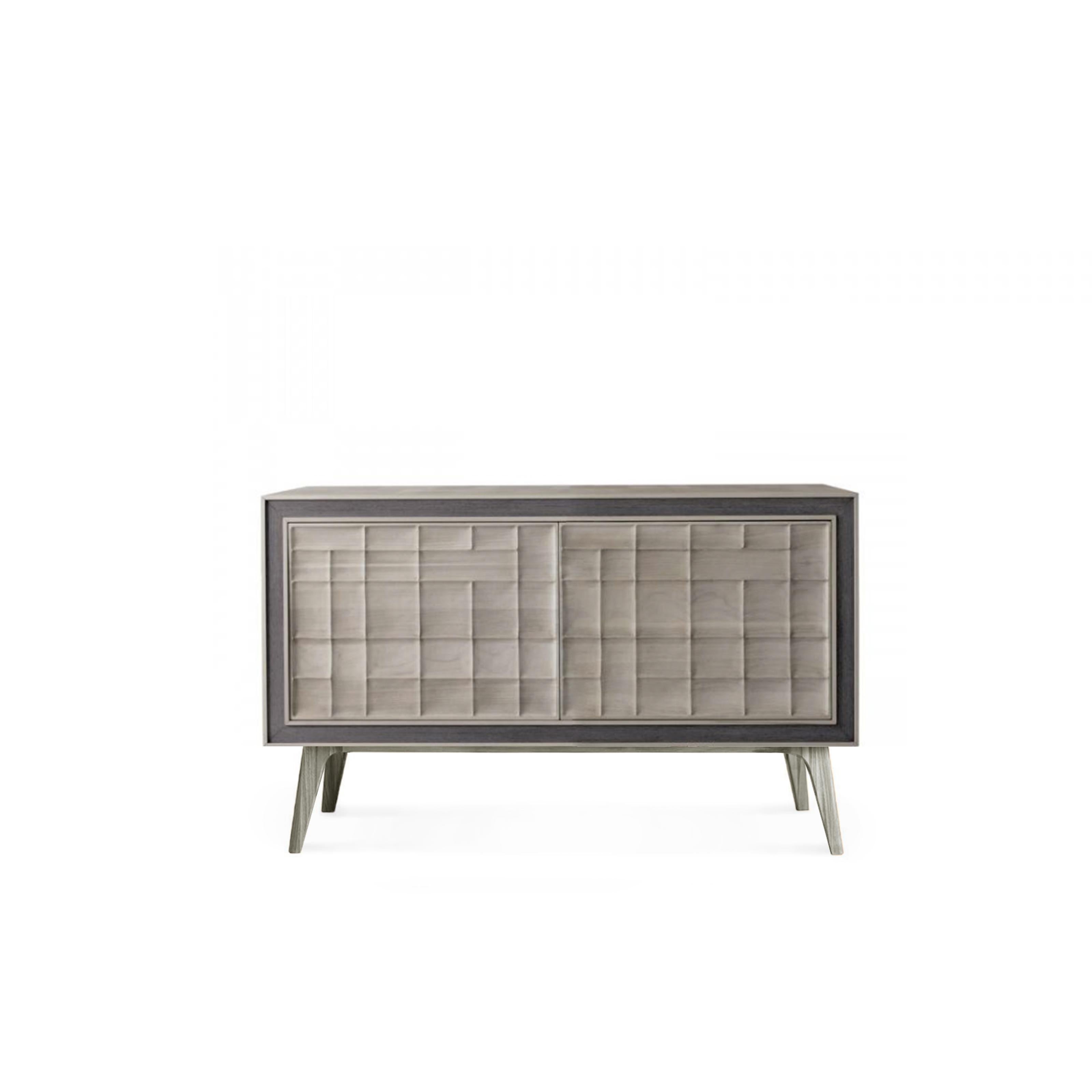 Modern Quadra Scacco Solid Wood Sideboard, Walnut in Natural Grey Finish, Contemporary For Sale