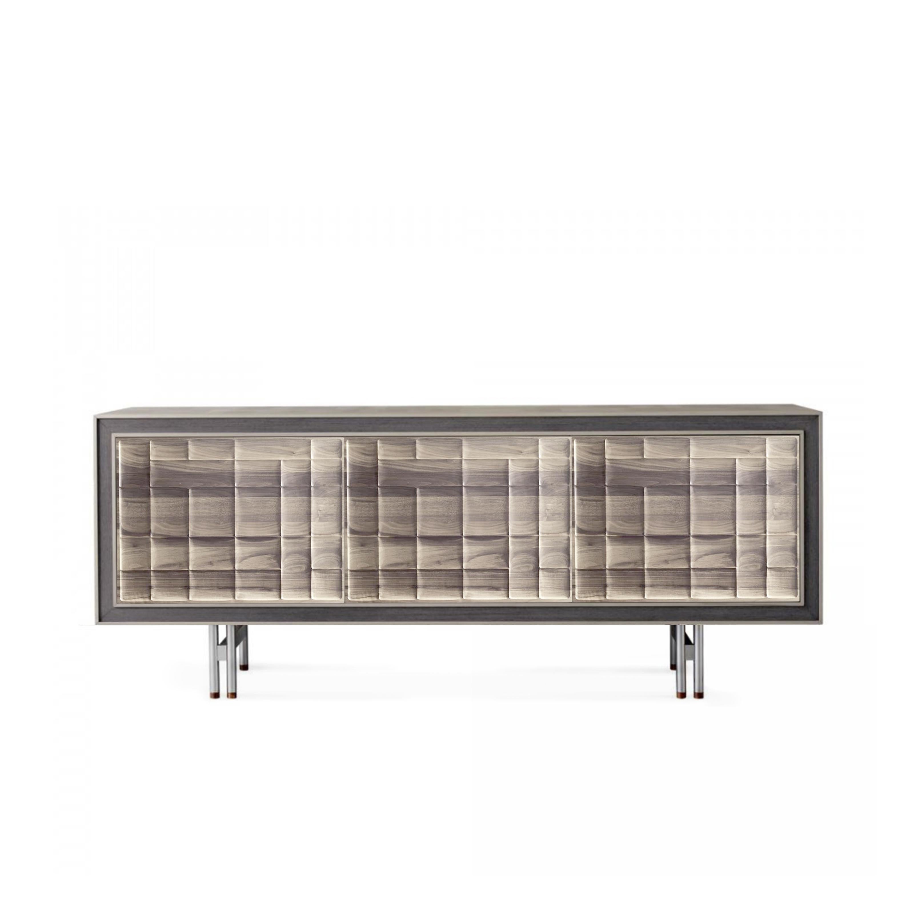 Oiled Quadra Scacco Solid Wood Sideboard, Walnut in Natural Grey Finish, Contemporary For Sale