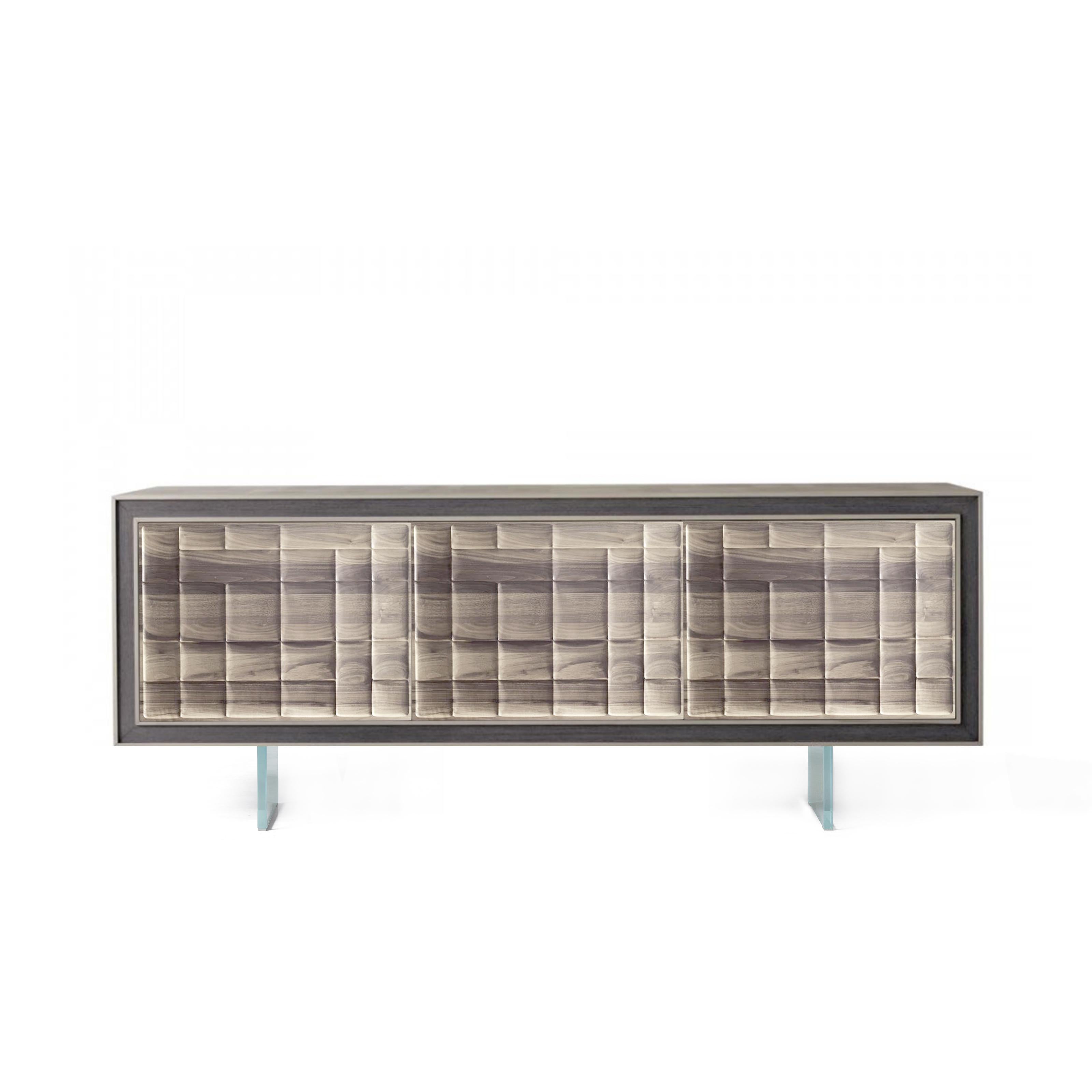 Quadra Scacco Solid Wood Sideboard, Walnut in Natural Grey Finish, Contemporary For Sale 1