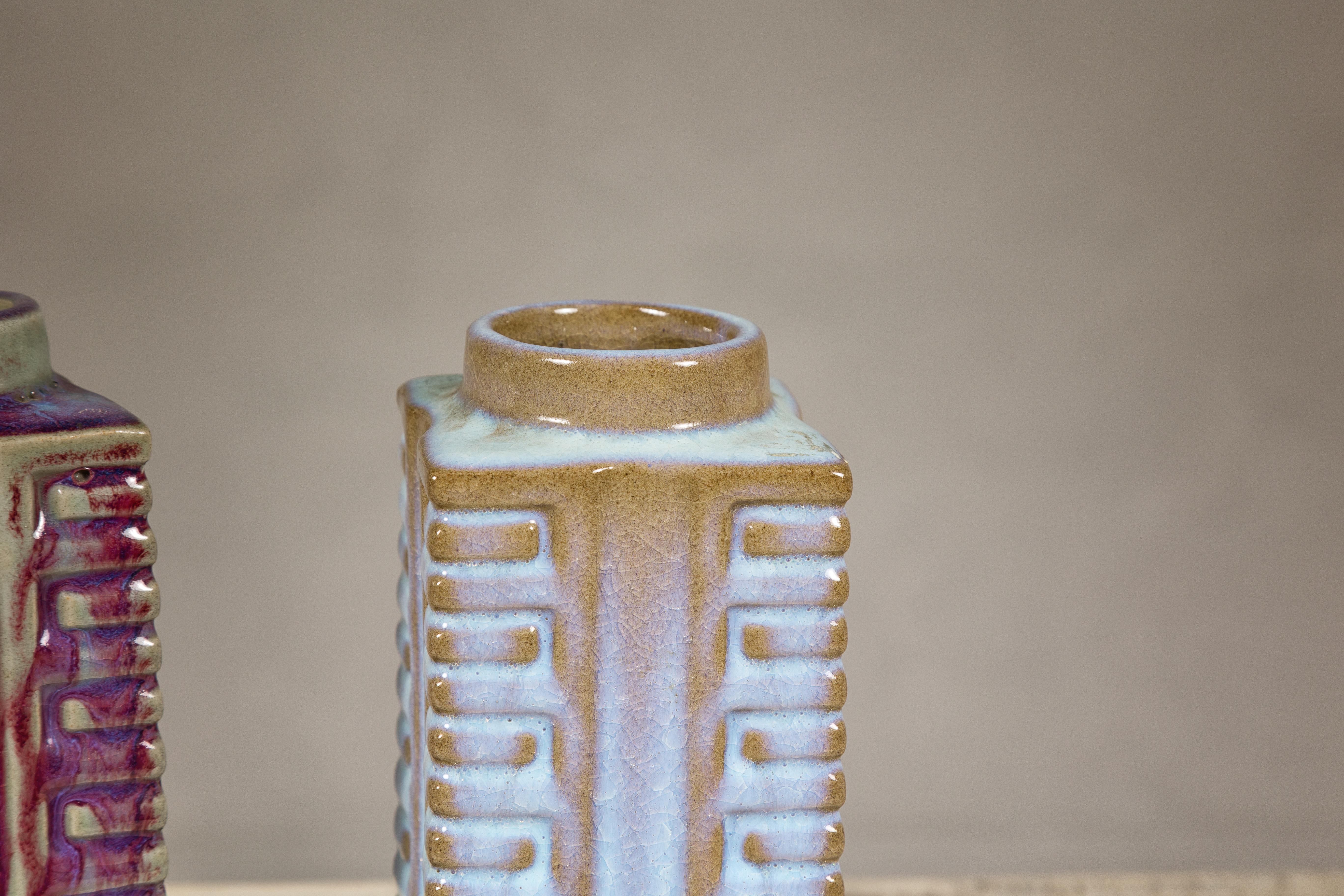 Quadrangular Flambé Vases Inspired by Neolithic Ritual Cong Objects, Sold Each For Sale 3
