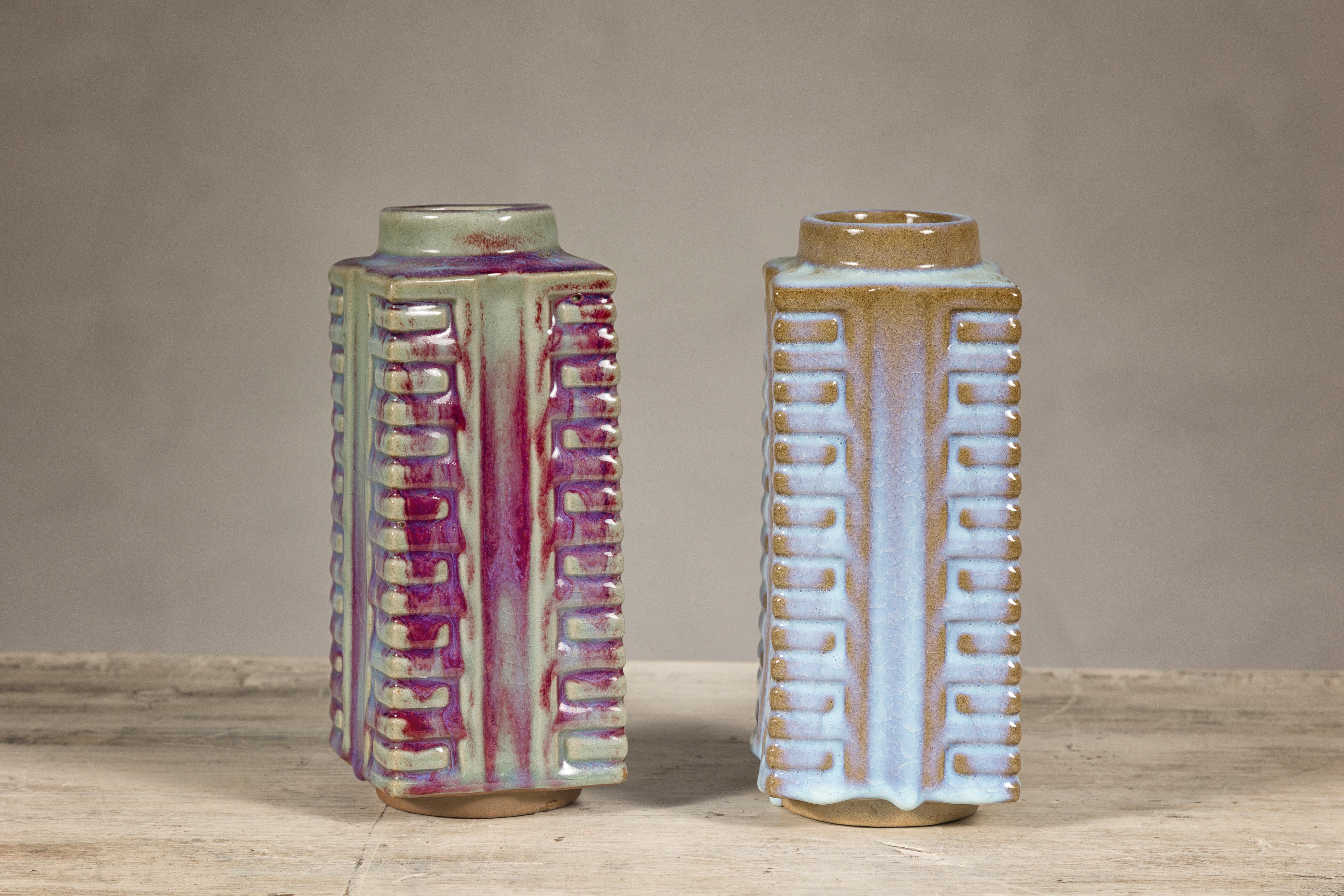 Quadrangular Flambé Vases Inspired by Neolithic Ritual Cong Objects, Sold Each For Sale 4