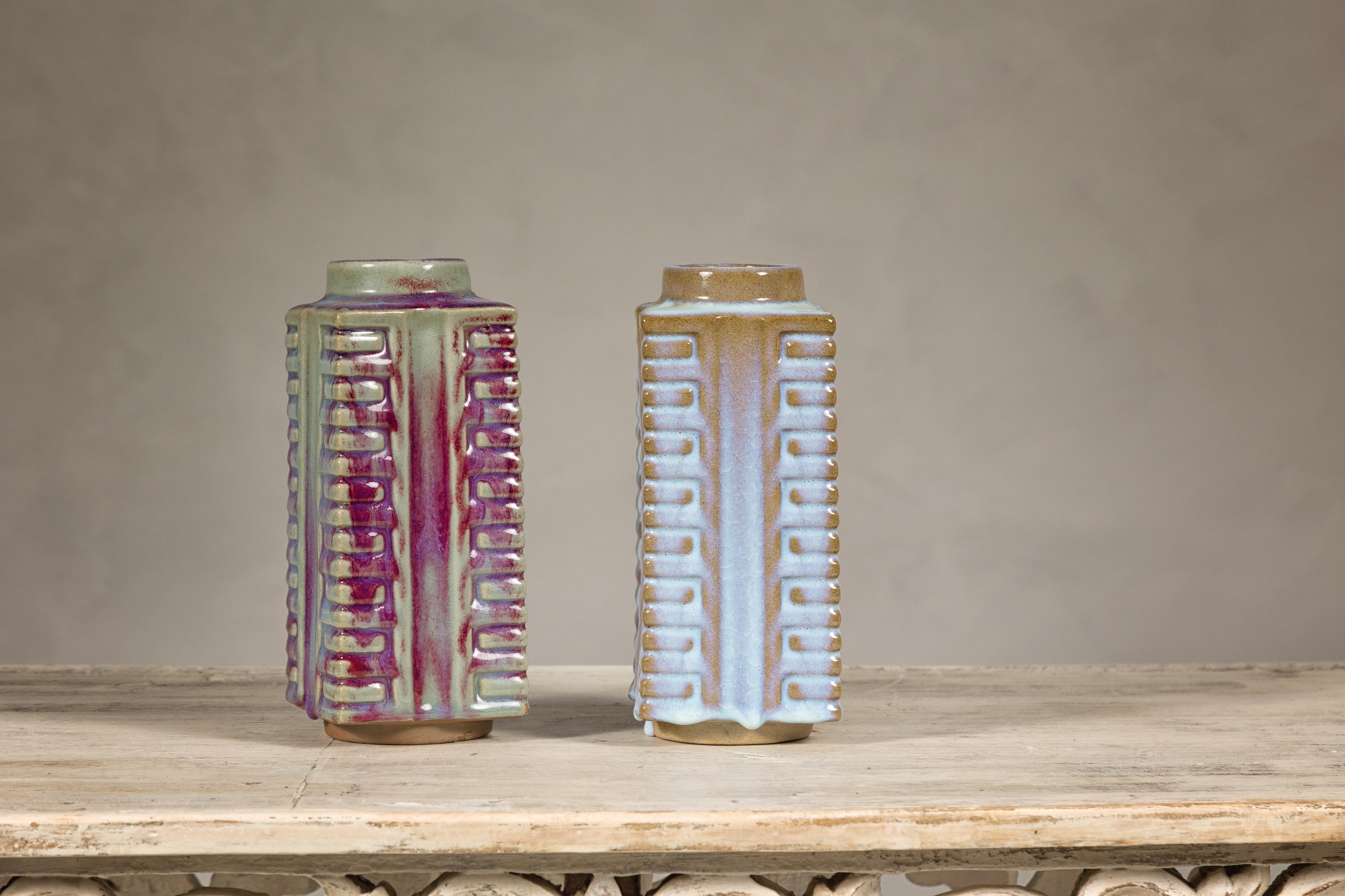 Quadrangular Flambé Vases Inspired by Neolithic Ritual Cong Objects, Sold Each For Sale 5