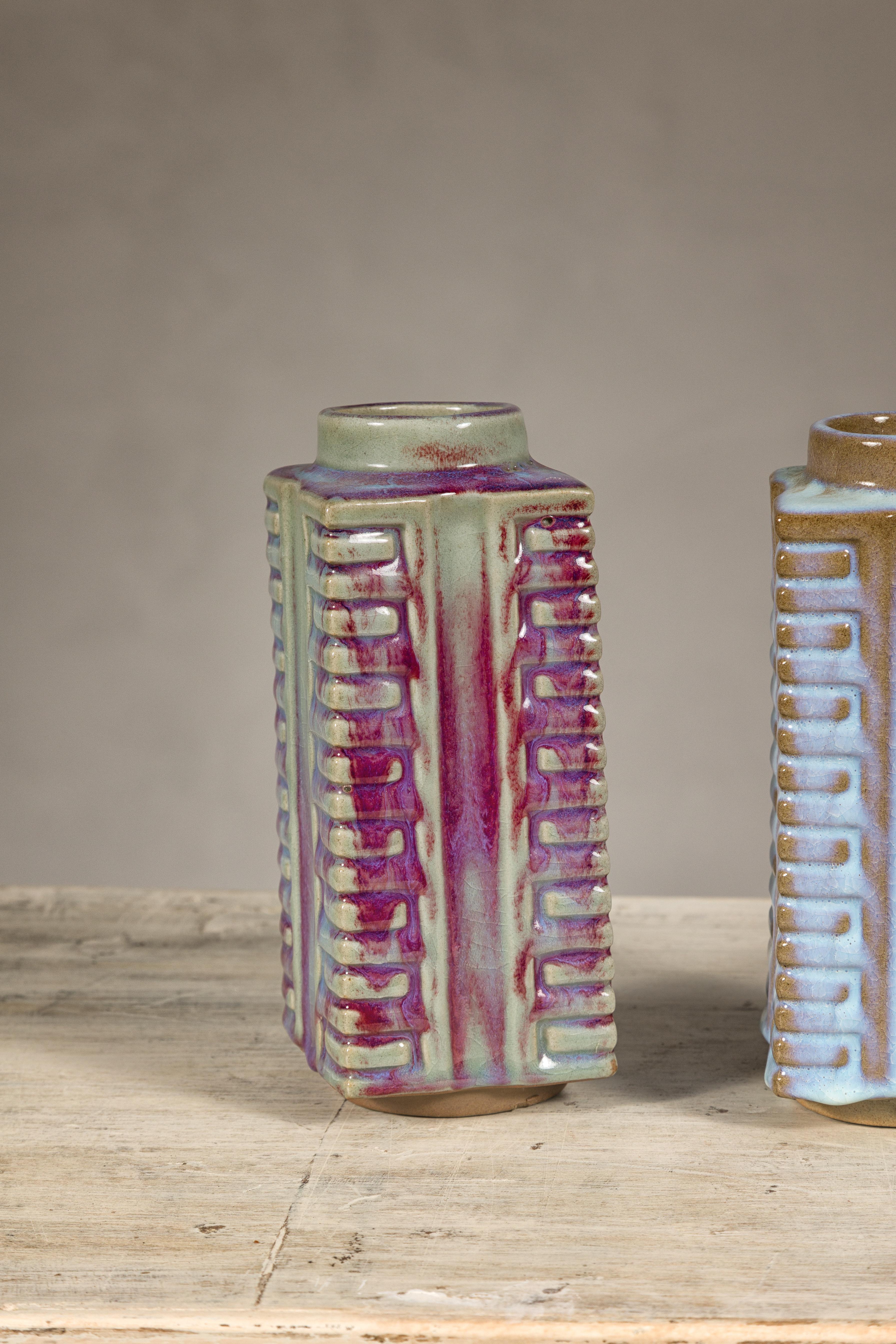 Quadrangular Flambé Vases Inspired by Neolithic Ritual Cong Objects, Sold Each For Sale 6