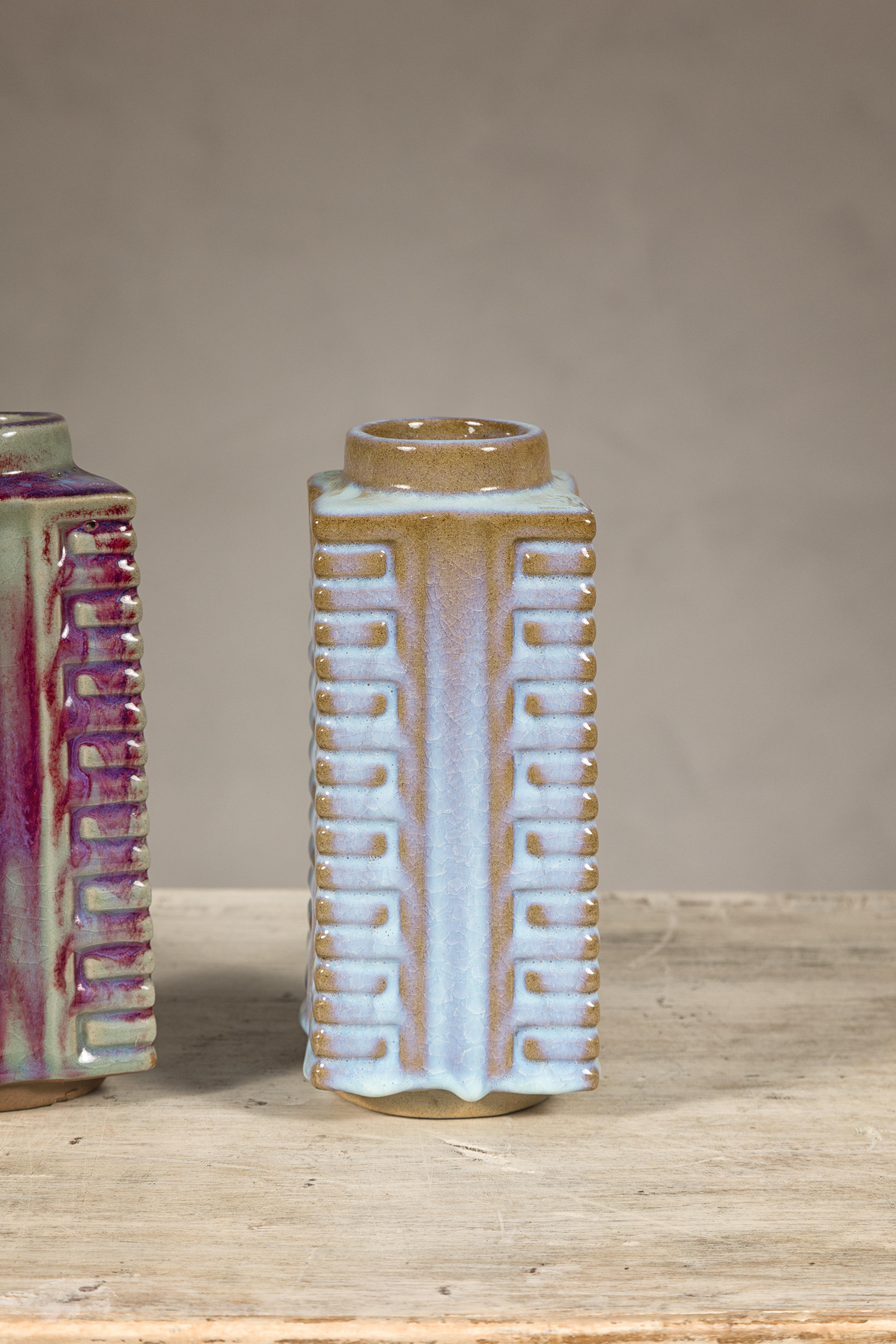 Quadrangular Flambé Vases Inspired by Neolithic Ritual Cong Objects, Sold Each For Sale 7