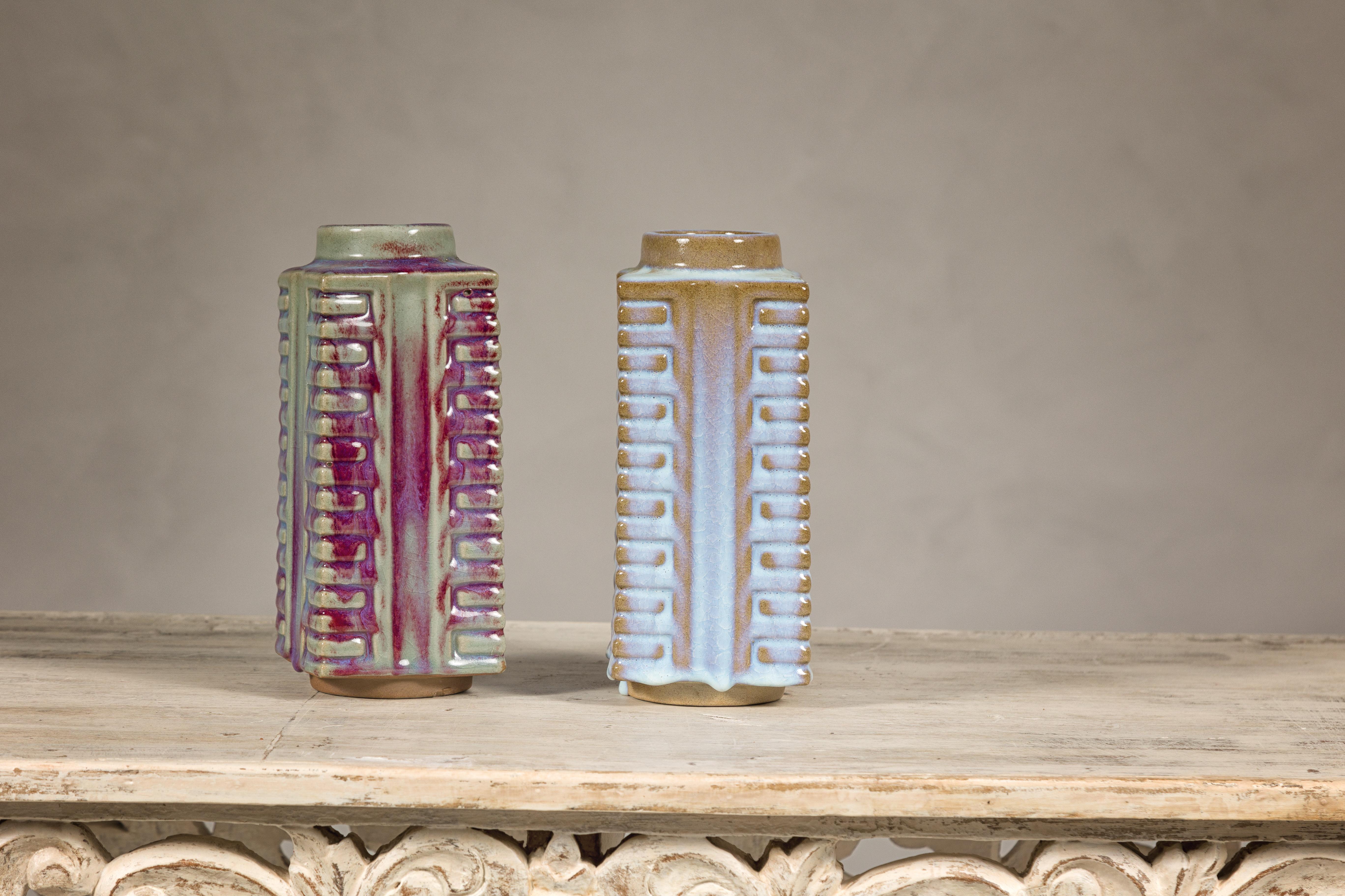 Quadrangular Flambé Vases Inspired by Neolithic Ritual Cong Objects, Sold Each For Sale 8
